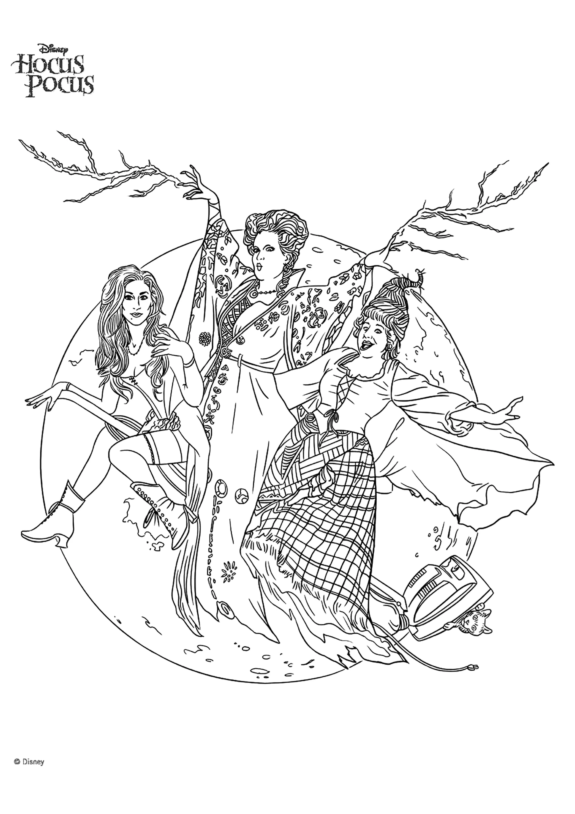 Winifred, Sarah y Mary frente a la luna (Página de Abracadabra para imprimir para niños)