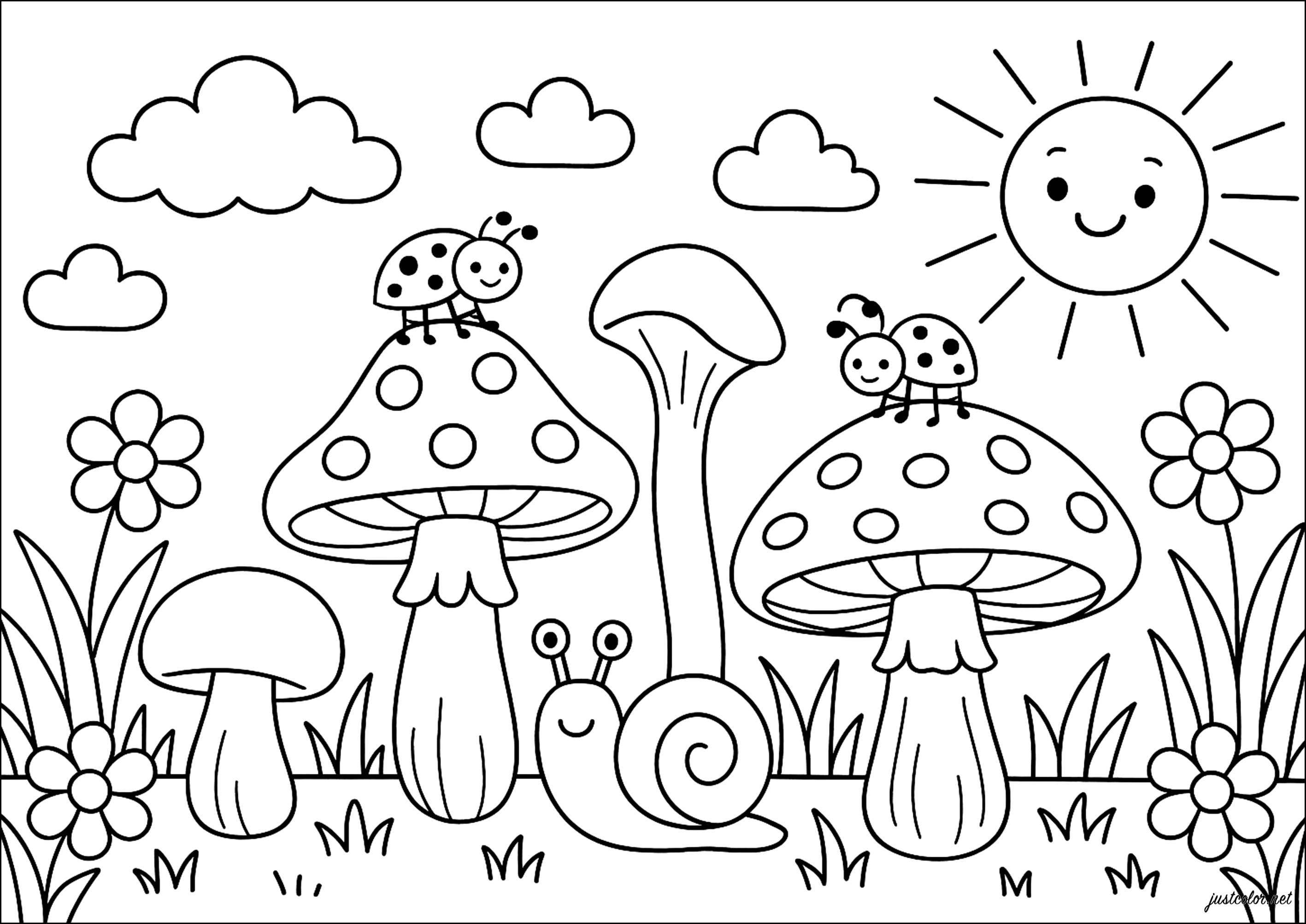 Bosque Encantado de los Hongos (Página para imprimir para niños)
