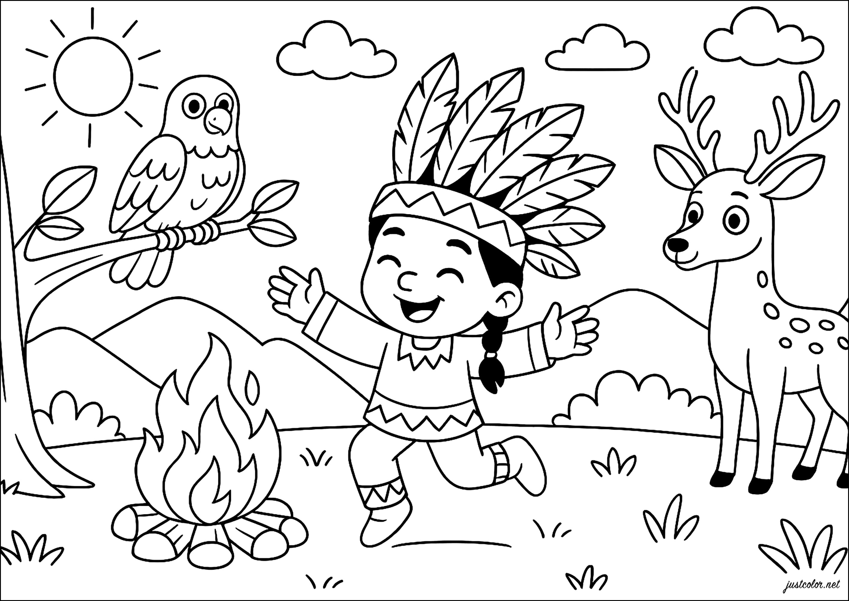 Danza sagrada al crepúsculo (Página de Indios para imprimir para niños)