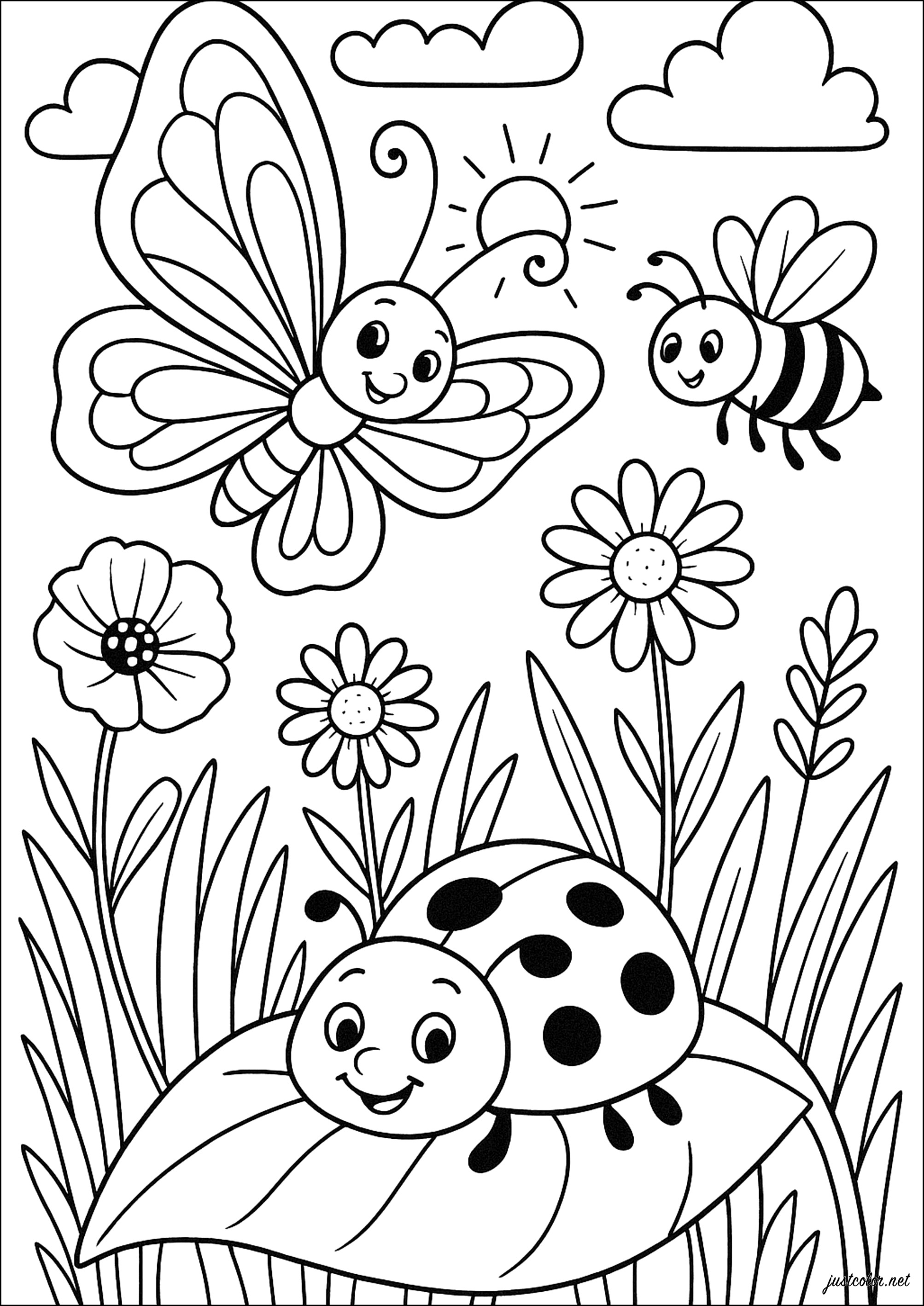 Paseo primaveral por el jardín (Página de Insectos para imprimir para niños)