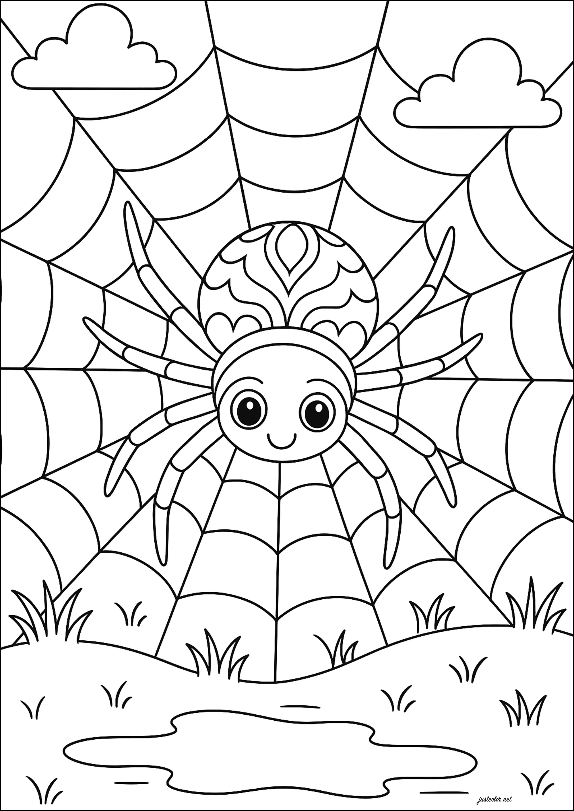 Areignée sonriendo en su telaraña (Página de Insectos para imprimir para niños)
