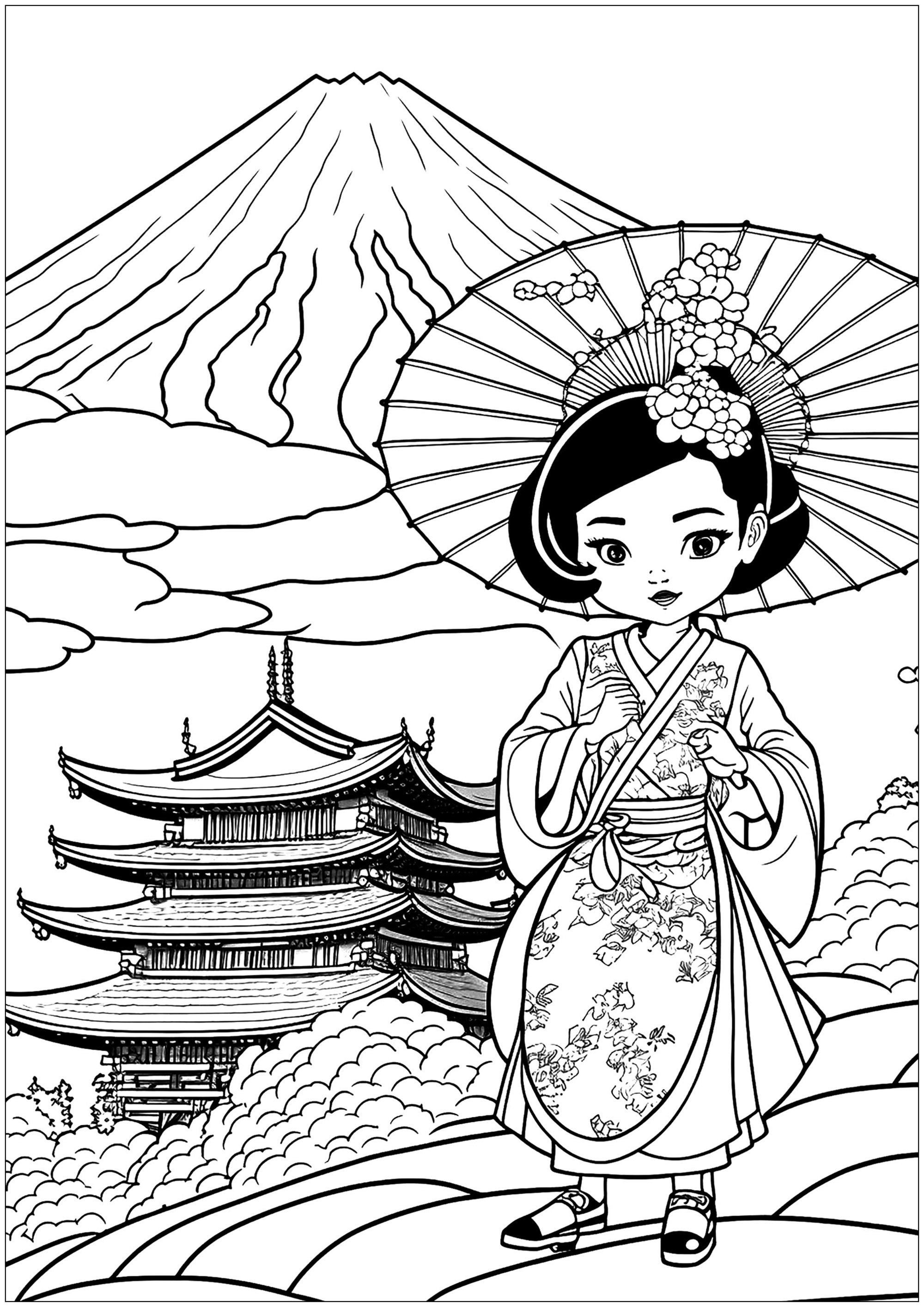 Joven geisha con el monte Fuji y un templo japonés al fondo