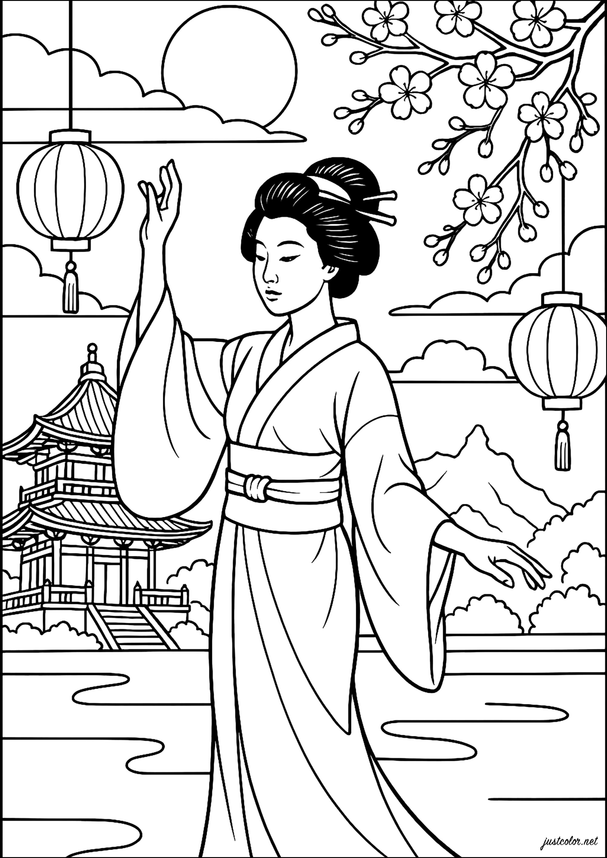 Mujer en kimono y templo (Página de Japón para imprimir para niños)