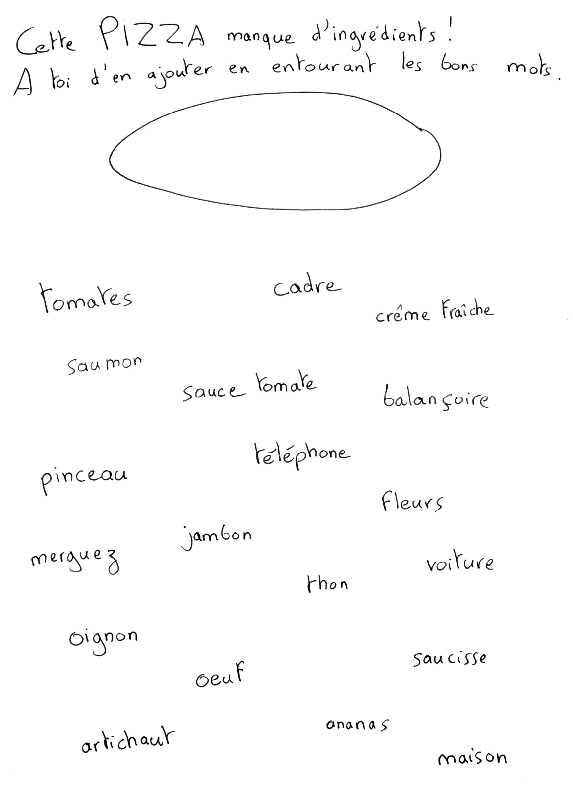 Juegos de palabras pizza (Página para imprimir para niños)