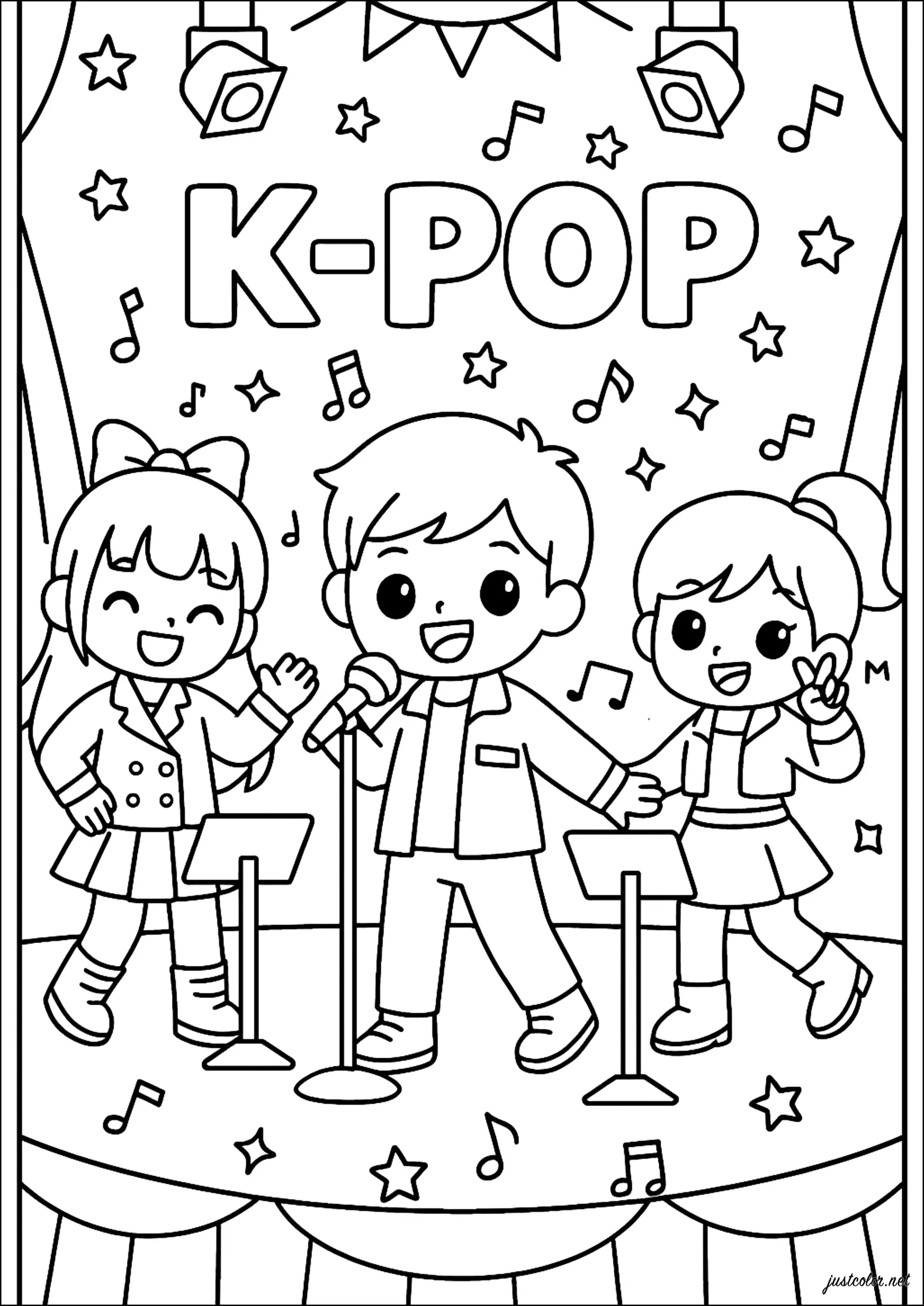Tres cantantes de K-Pop kawaii (Página para imprimir para niños)