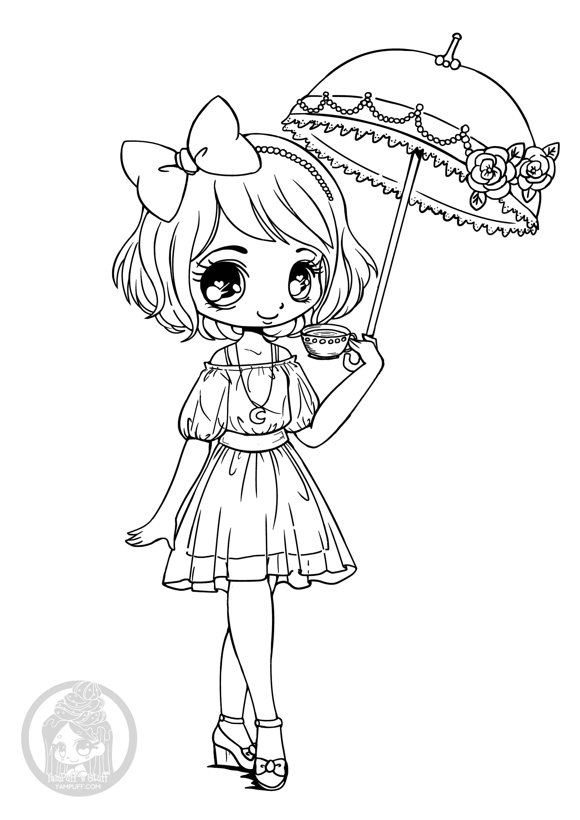 La chica del paraguas (Página de Kawaii para imprimir para niños)