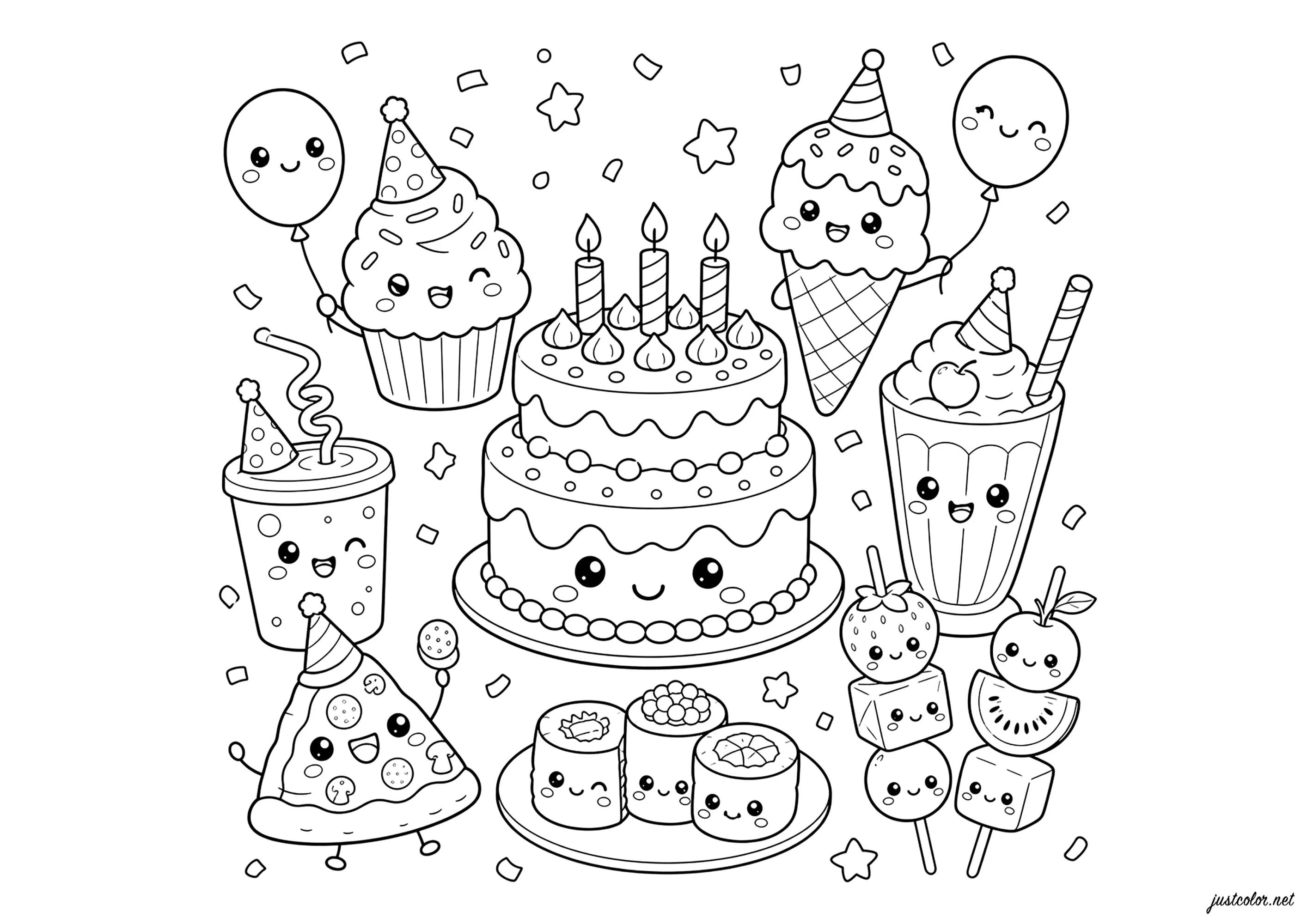 La fiesta de las golosinas alegres (Página de Kawaii para imprimir para niños)