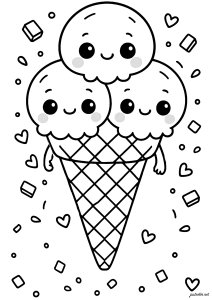 Helado con tres bolas (Página de Kawaii  para imprimir)