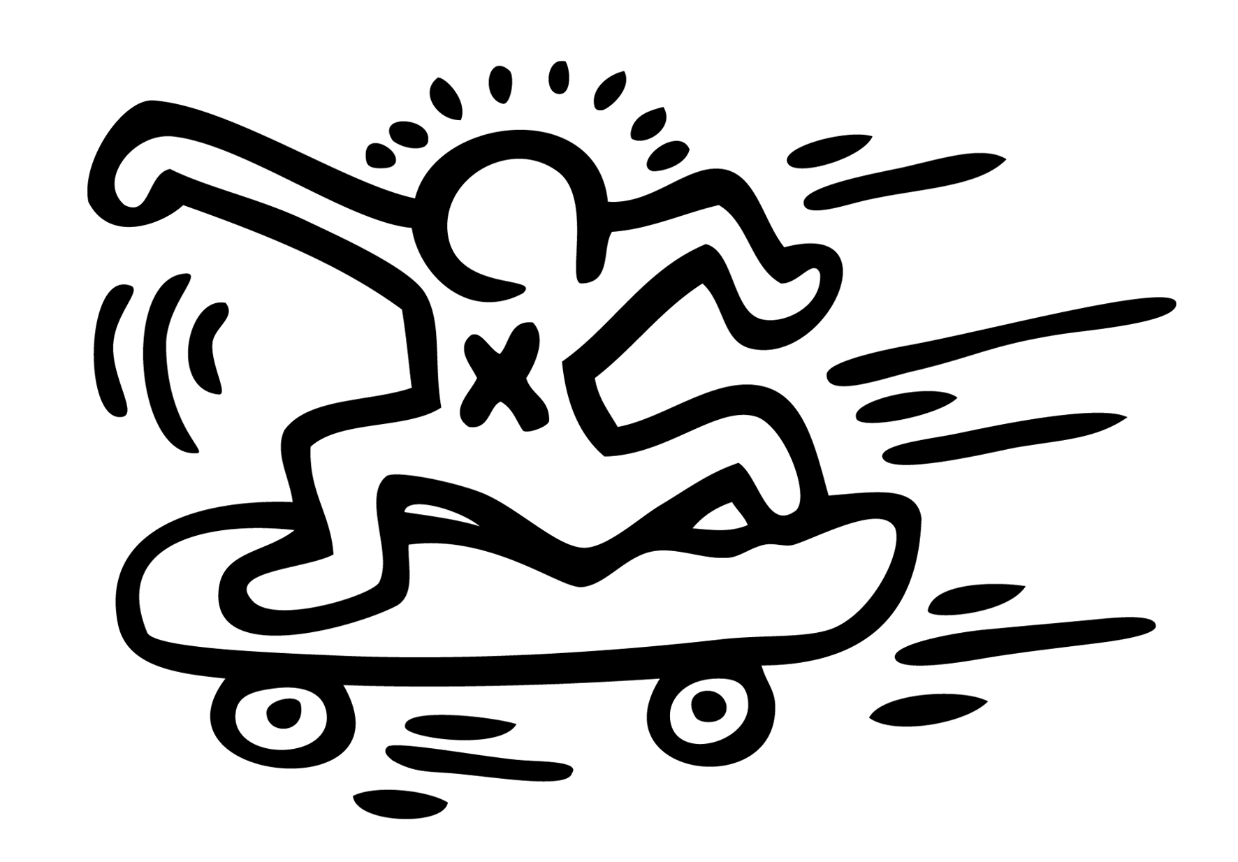 Un personaje típico del artista, sobre un monopatín (Página de Keith Haring para imprimir para niños)