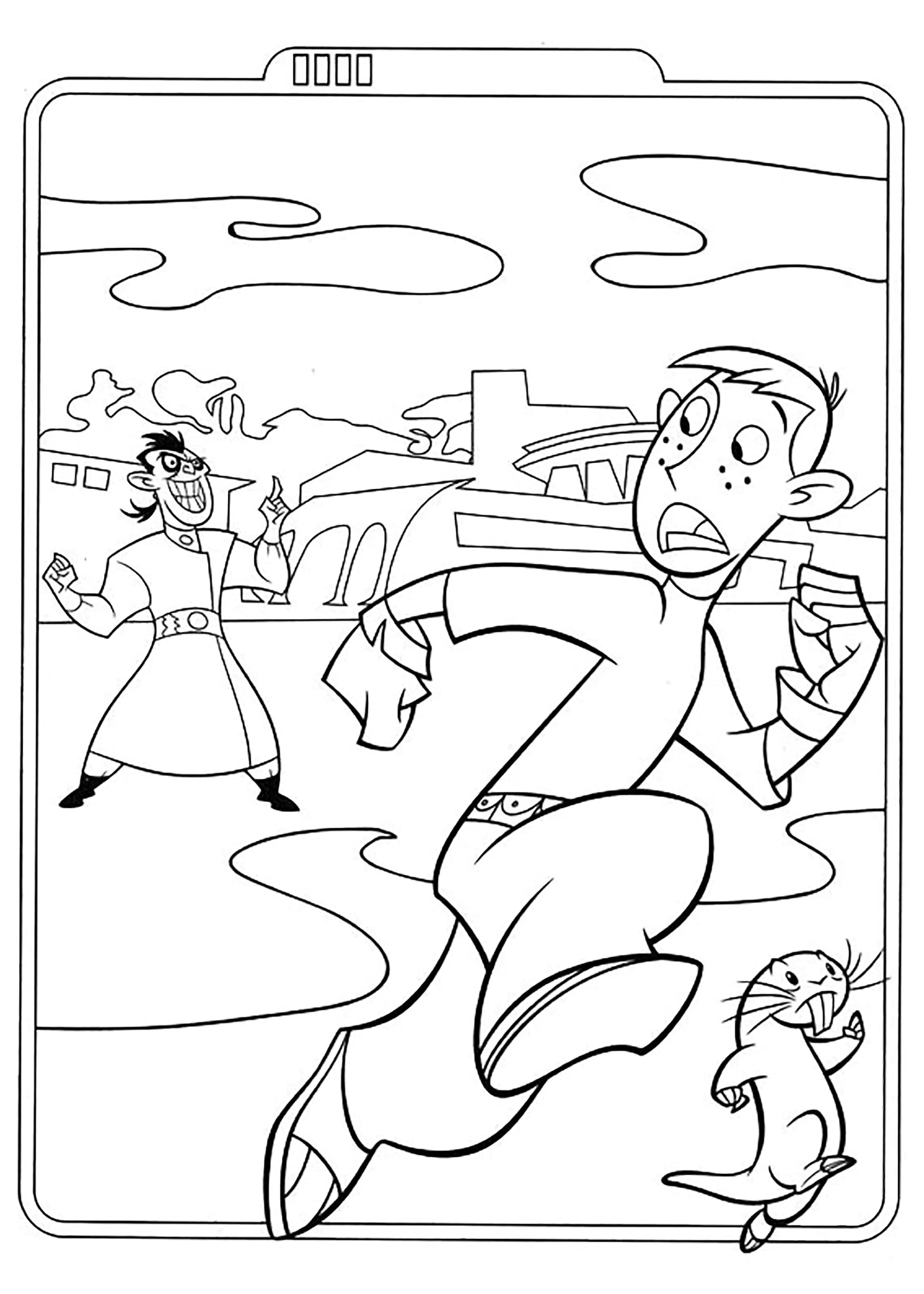 Ron y Rufus se enfrentan a un villano (Página de Kim Possible para imprimir para niños)