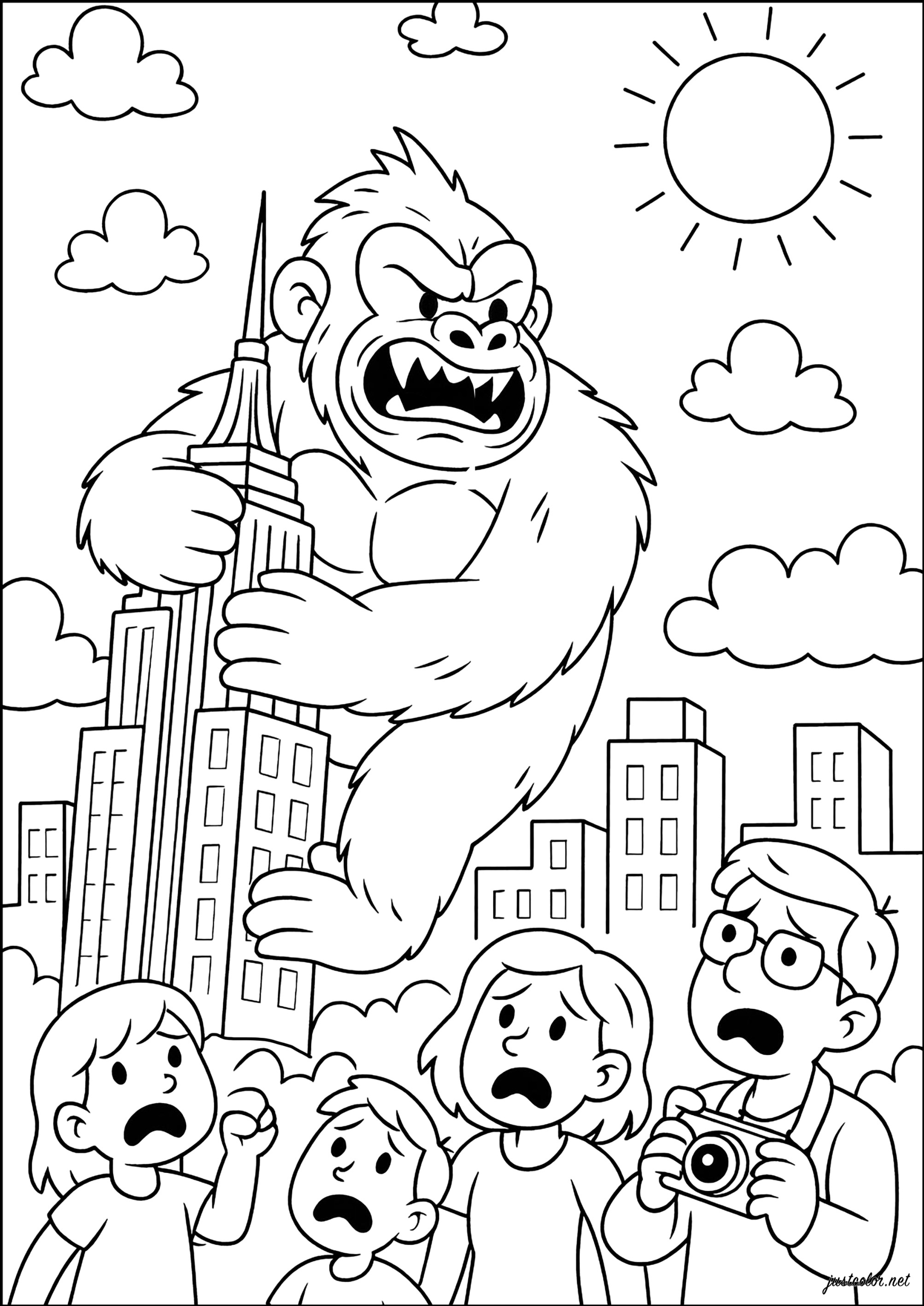 Ataque Nueva York (Página de King Kong para imprimir para niños)