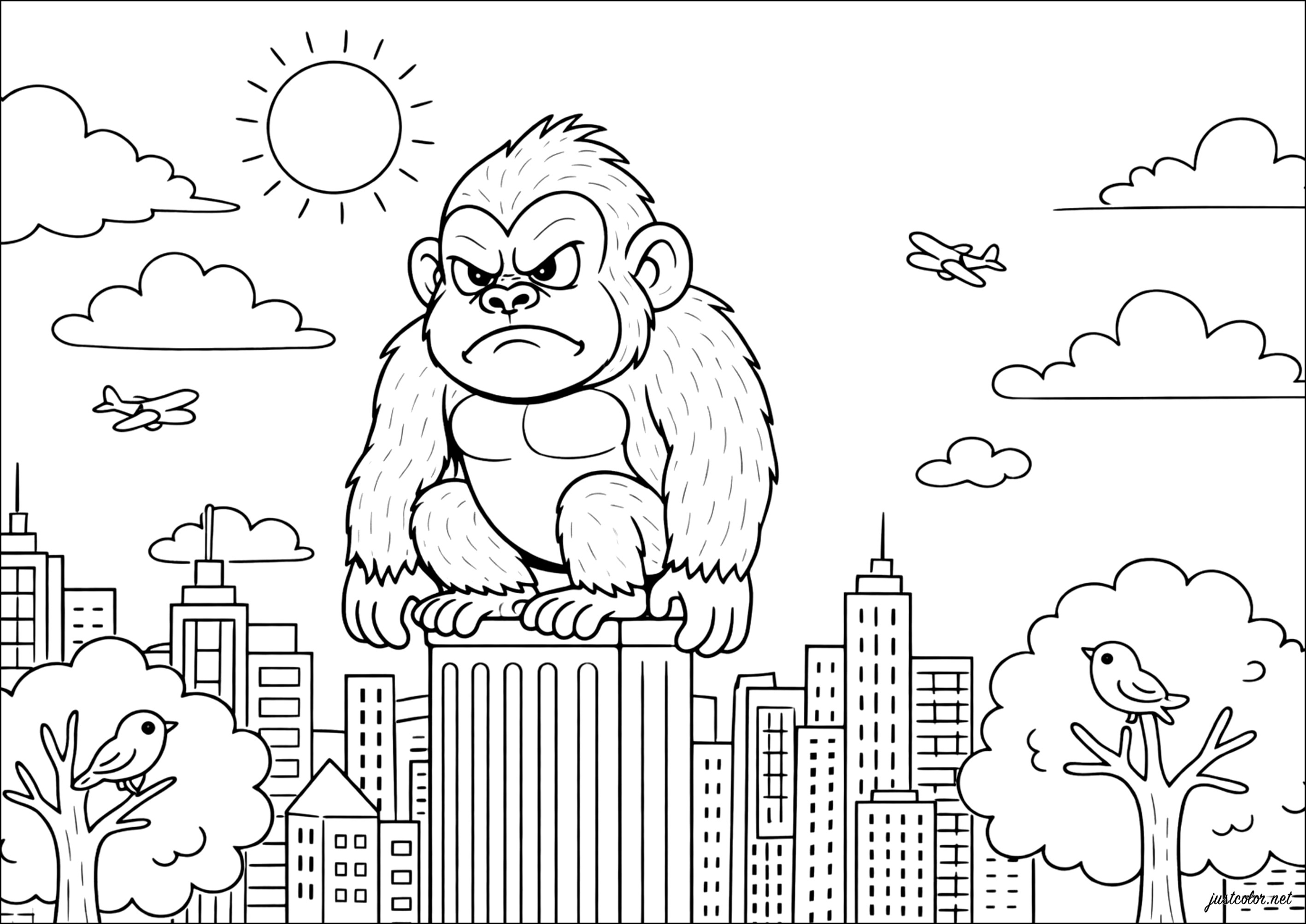 En un gran rascacielos (Página de King Kong para imprimir para niños)