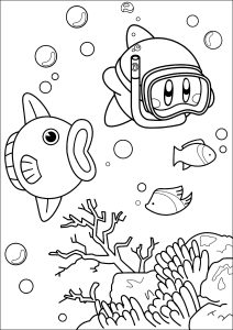 Página de para imprimir para niños : Kirby nadando en el mar con un pez