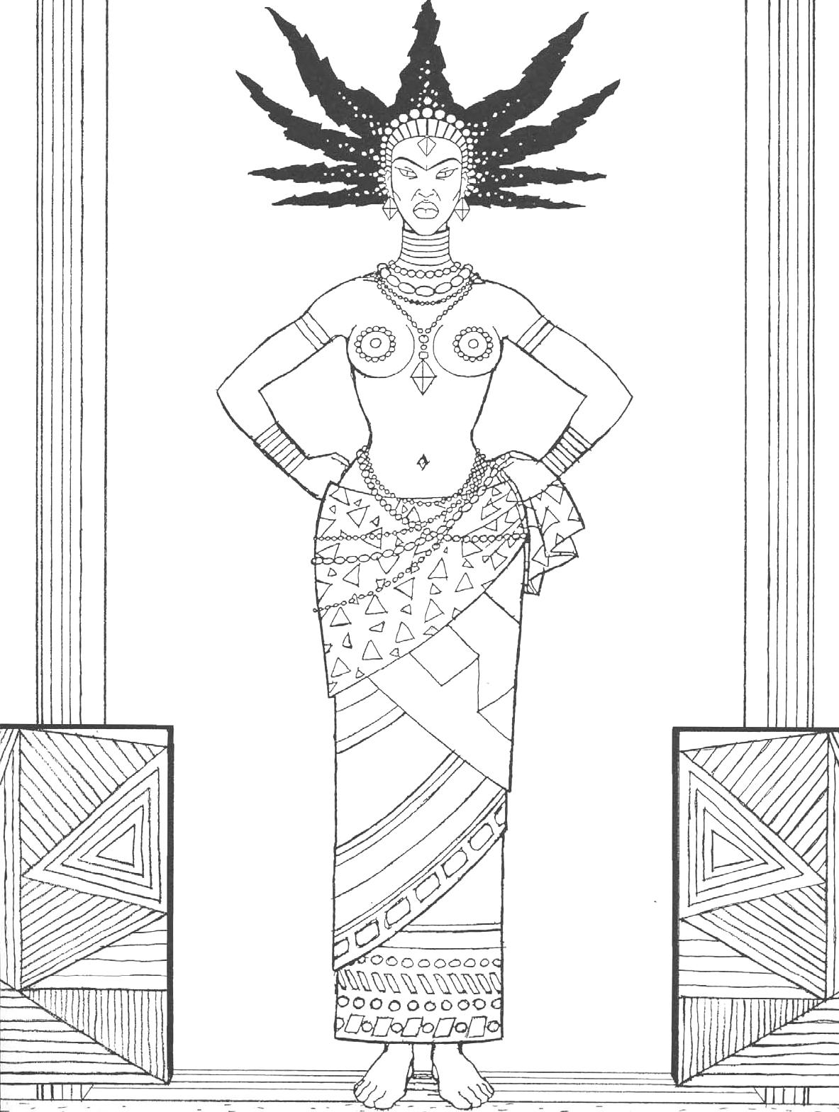Colorea a la malvada bruja Karaba (muchos detalles sobre su vestido)