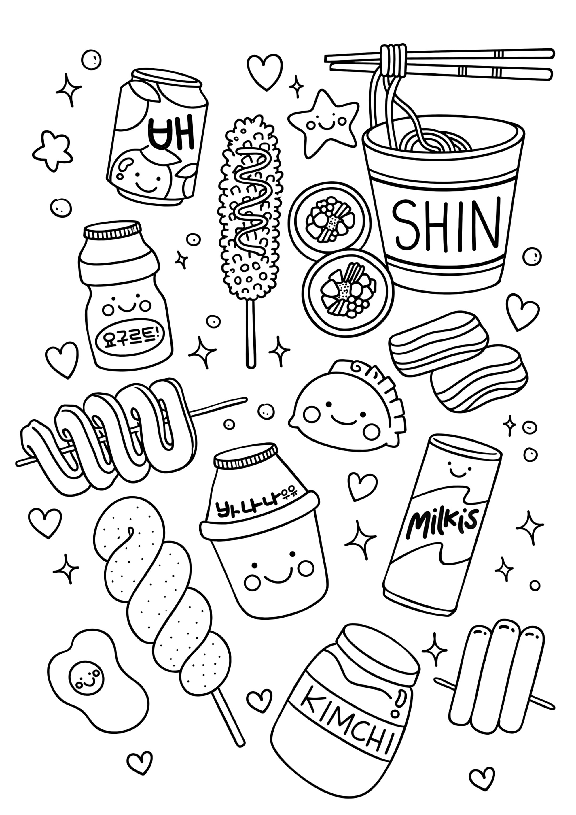Snacks coreanos kawaii – Comida callejera y dulces emblemáticos de Corea (Página de Korean food culture para imprimir para niños)