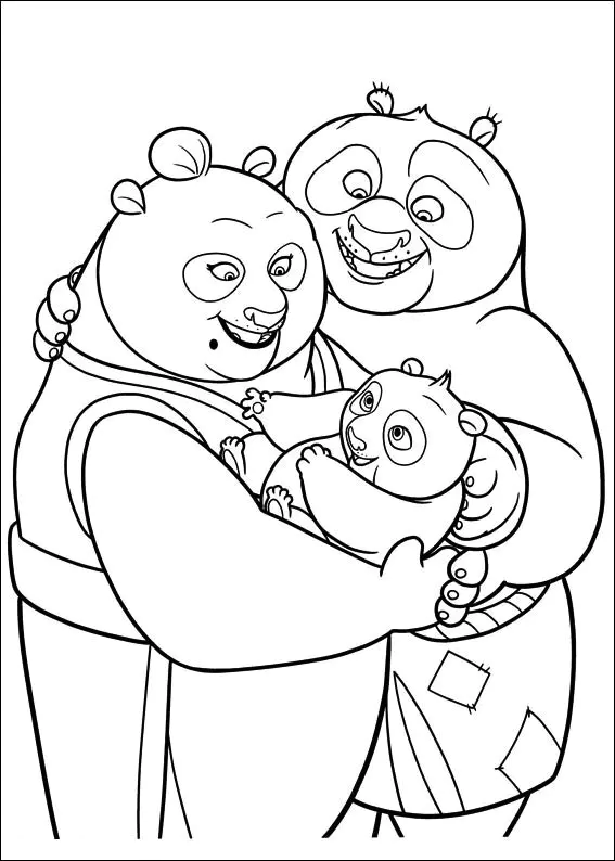 El pequeño Po con su madre y su padre (Página de Kung Fu Panda para imprimir para niños)