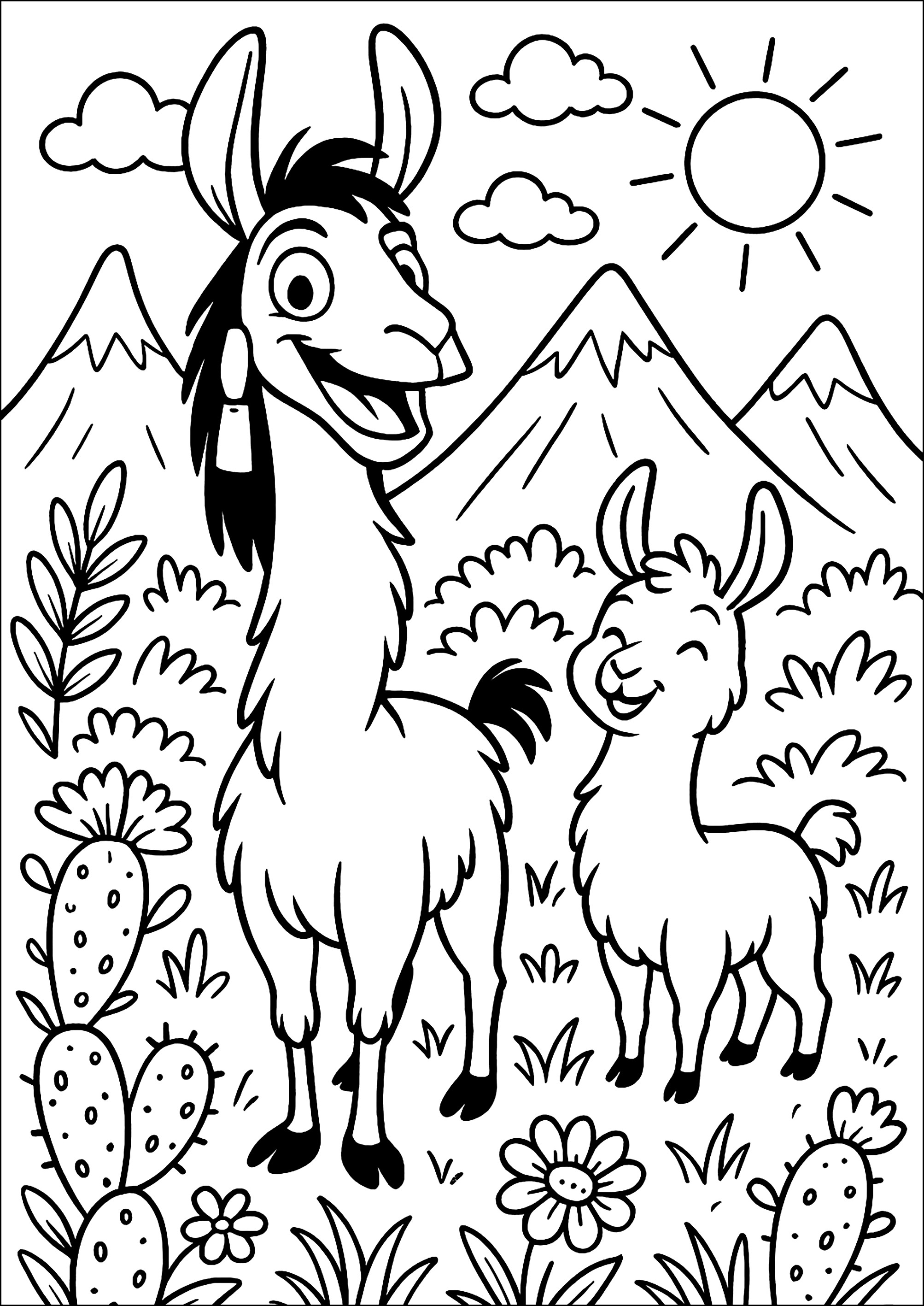 Kuzco y su amigo en los Andes (Página para imprimir para niños)