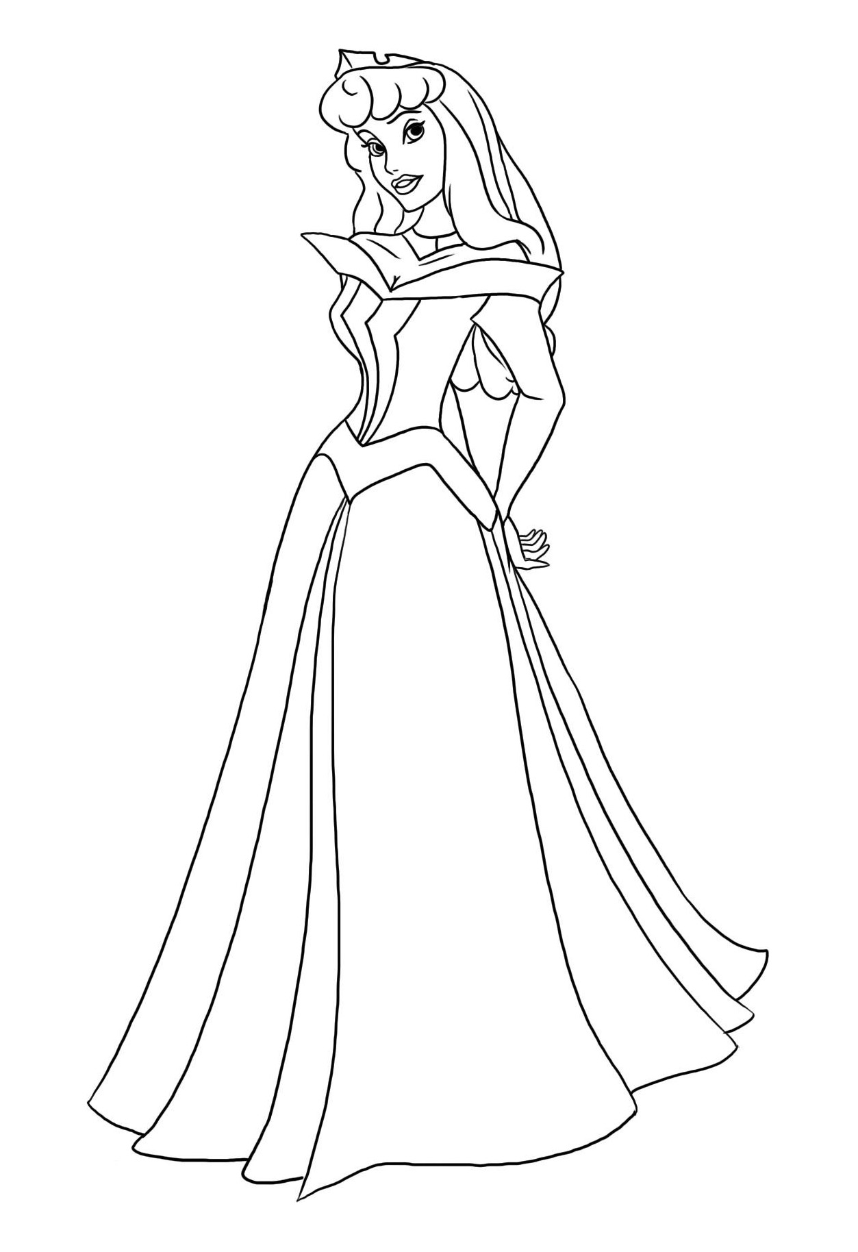 Aurora con un precioso vestido de princesa para colorear