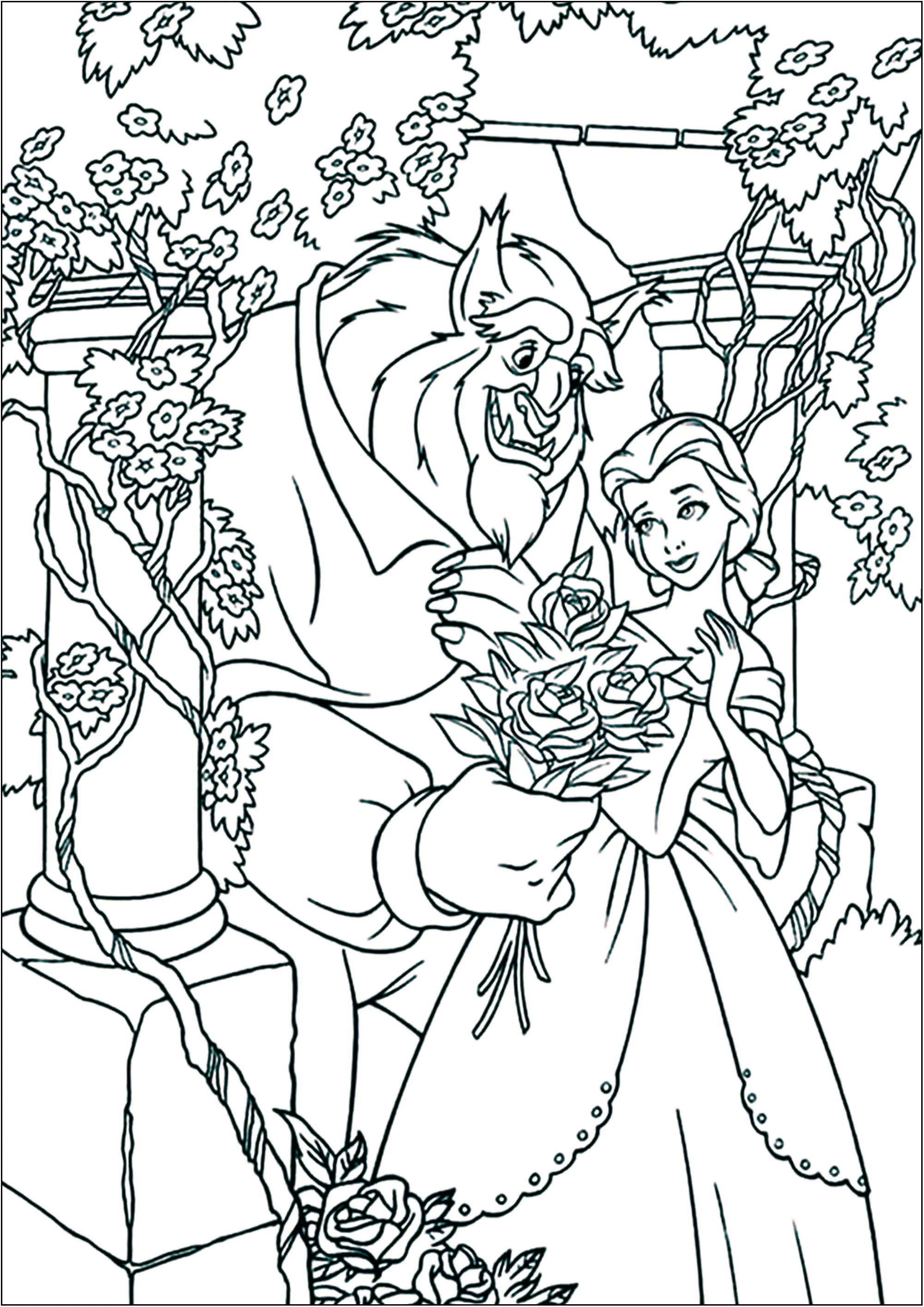 Jardín de flores (Página de La bella y la Bestia para imprimir para niños)