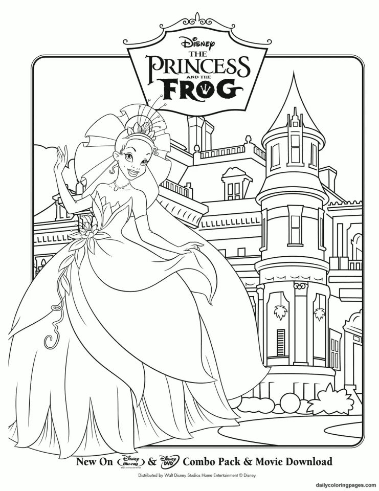 Tiana con su precioso vestido, delante de una bonita casa señorial (Página de La princesa y el sapo para imprimir para niños)