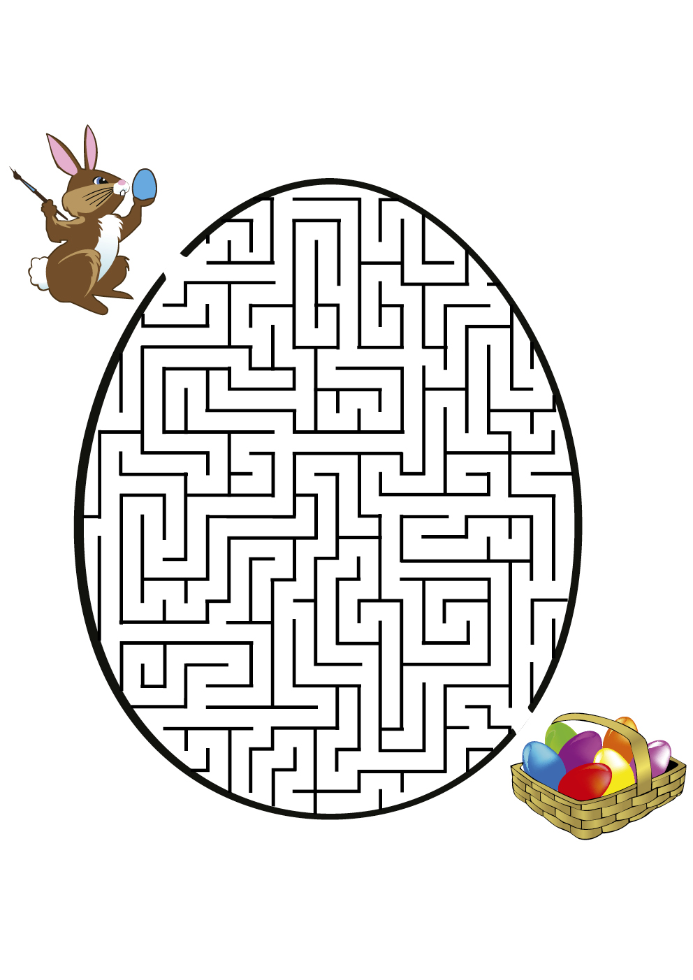 Un complicado laberinto de Pascua con un simpático conejito y un huevo de colores
