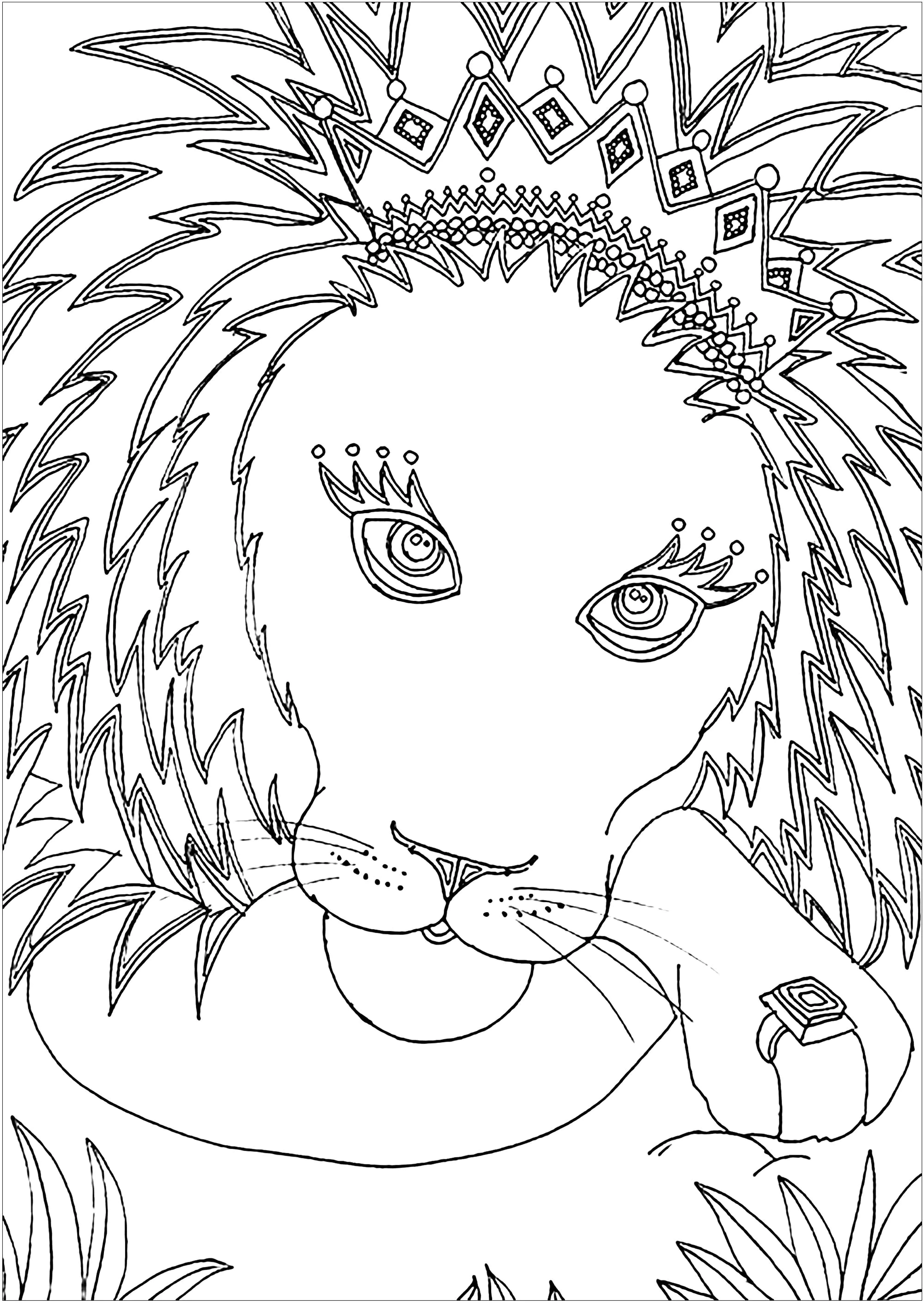 Bonito León con corona (Página para imprimir para niños)