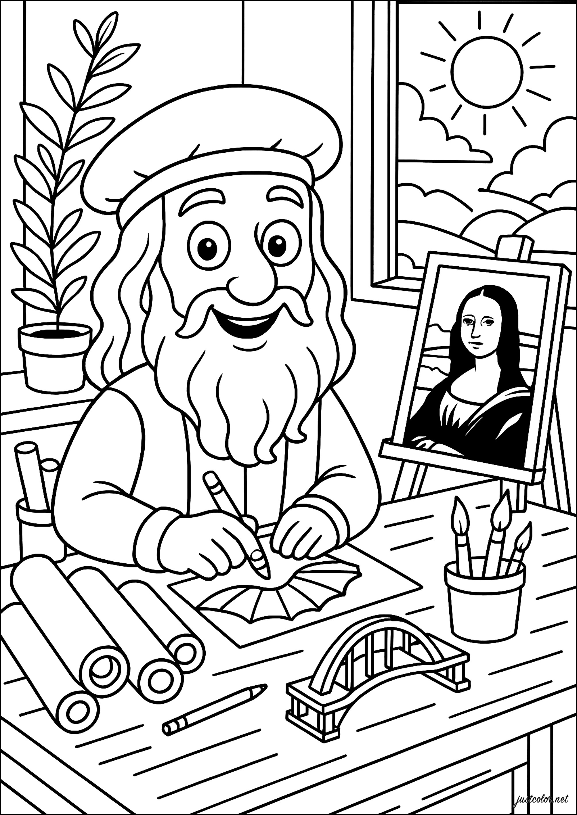Leonardo Da Vinci en su taller (Página para imprimir para niños)