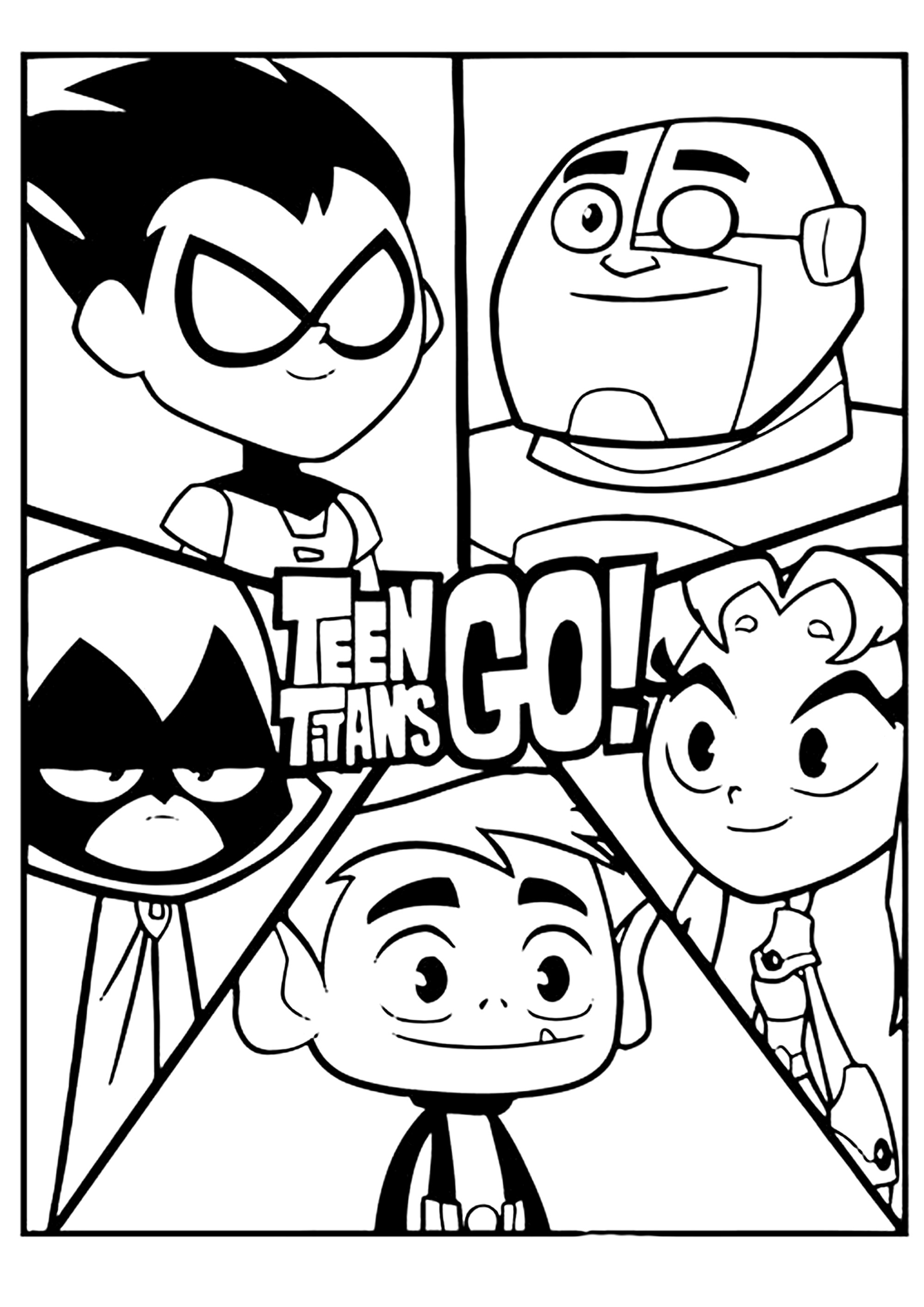 Página de Los Jóvenes Titanes para imprimir : Jóvenes Titanes: dibujo dividido en cinco partes con un personaje en cada parte Página de Los Jóvenes Titanes para imprimir para niños : Jóvenes Titanes: dibujo dividido en cinco partes con un personaje en cada parte