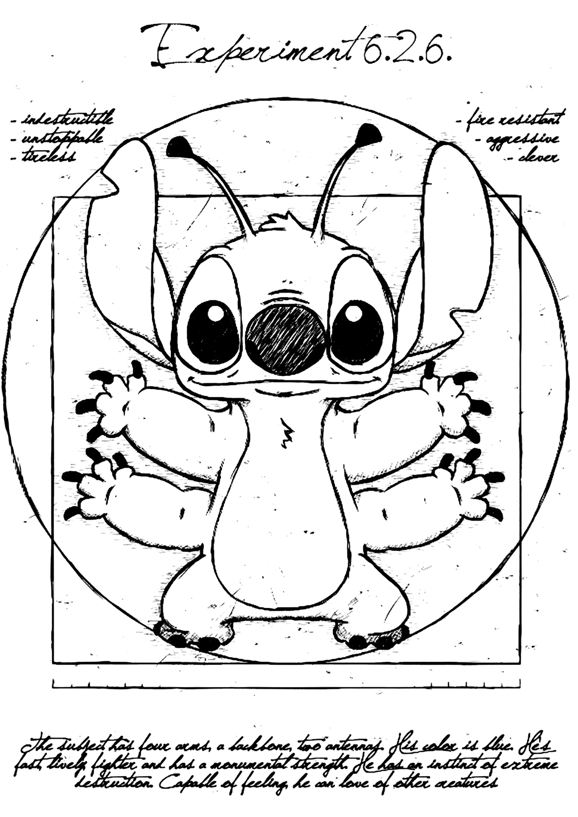 Versión para coser del Hombre de Vitruvio de Leonardo da Vinci (Página de Lilo y Stich para imprimir para niños)