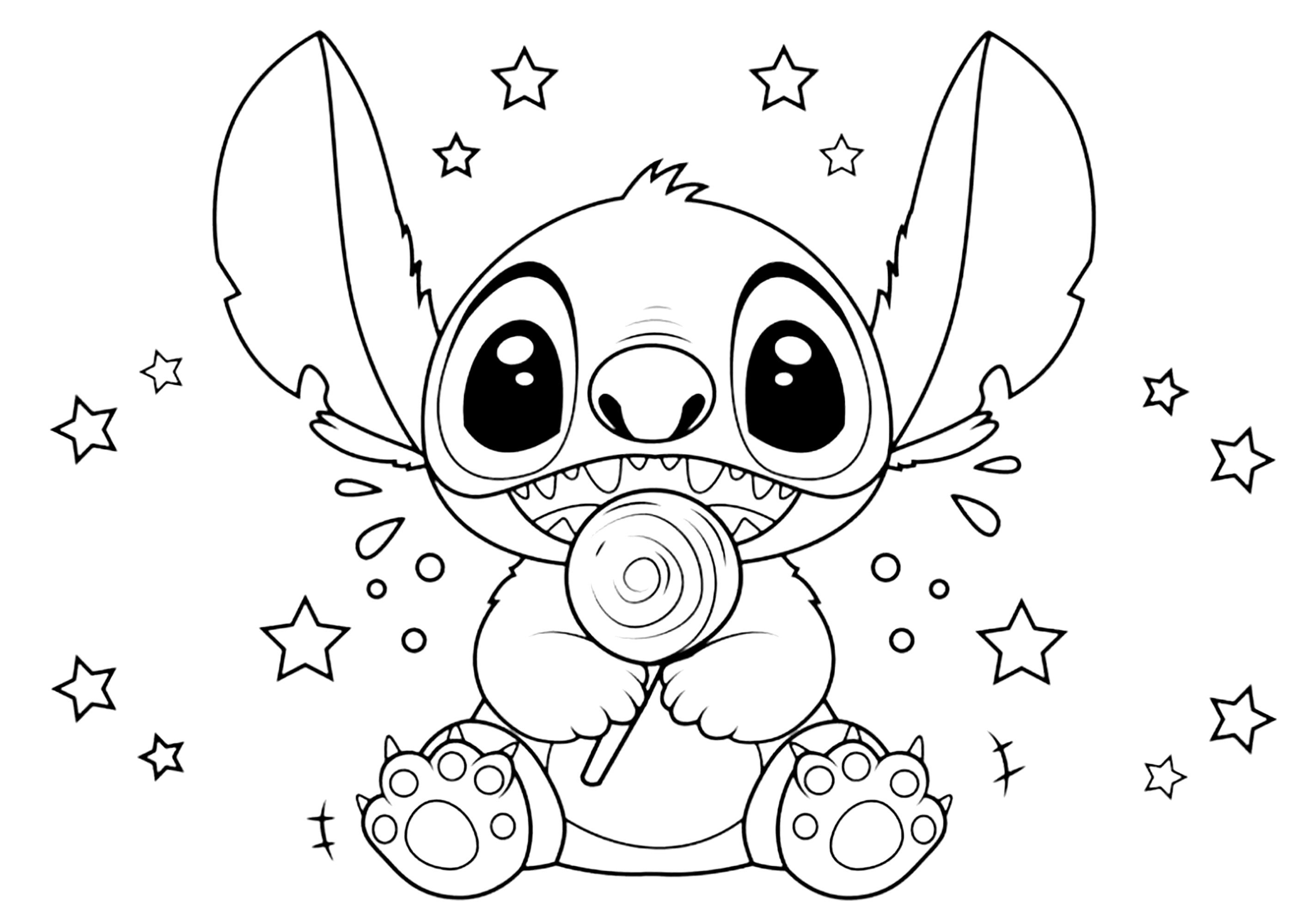 Stitch y su piruleta (Página de Lilo y Stich para imprimir para niños)