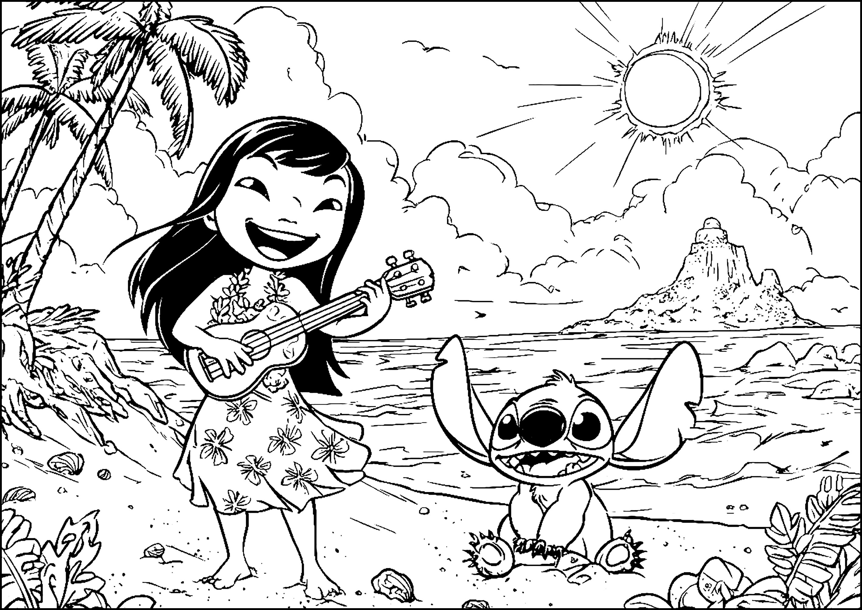 Música y alegría bajo el sol (Página de Lilo y Stich para imprimir para niños)