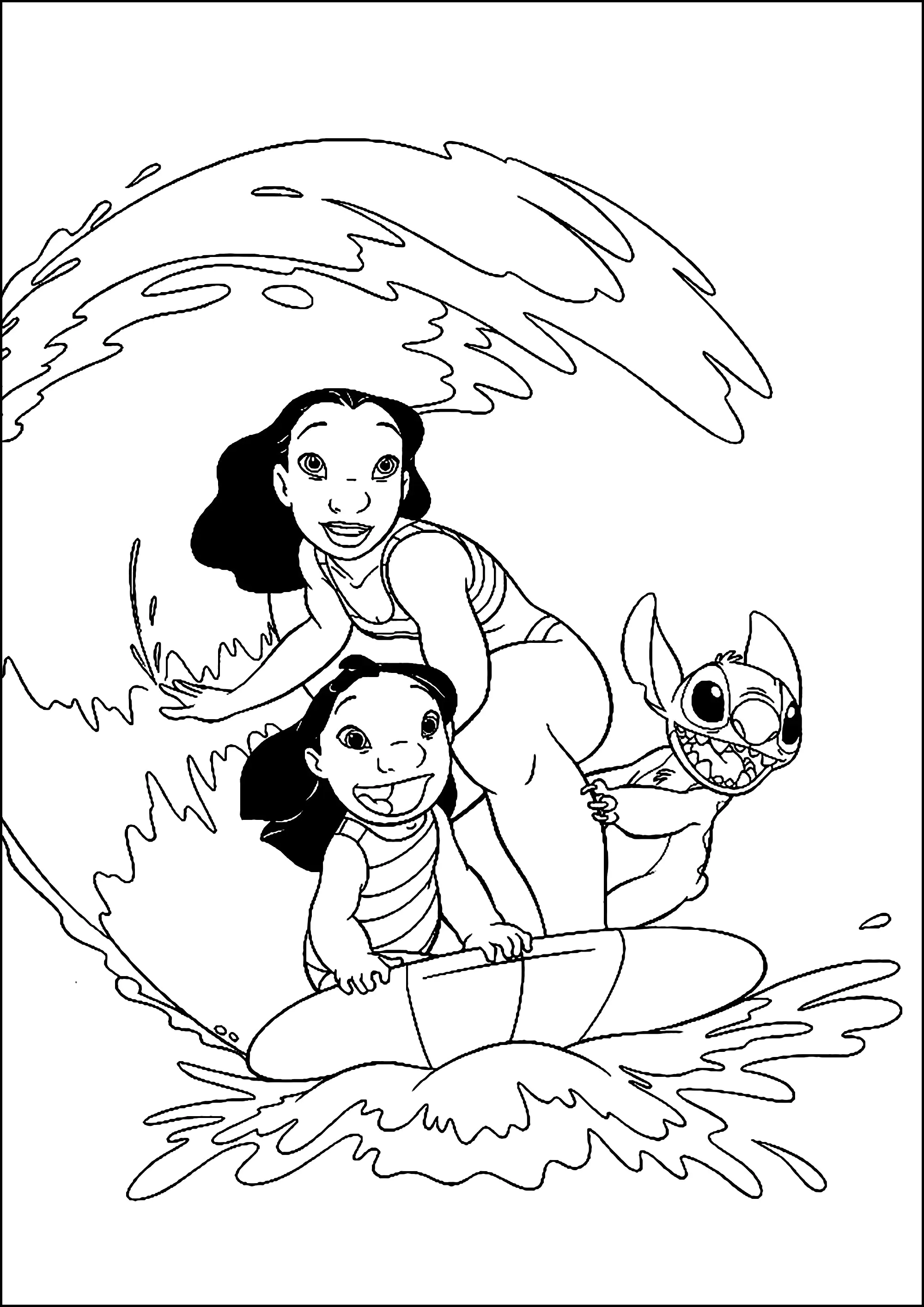 Stich y sus amigos van a hacer surf (Página de Lilo y Stich para imprimir para niños)