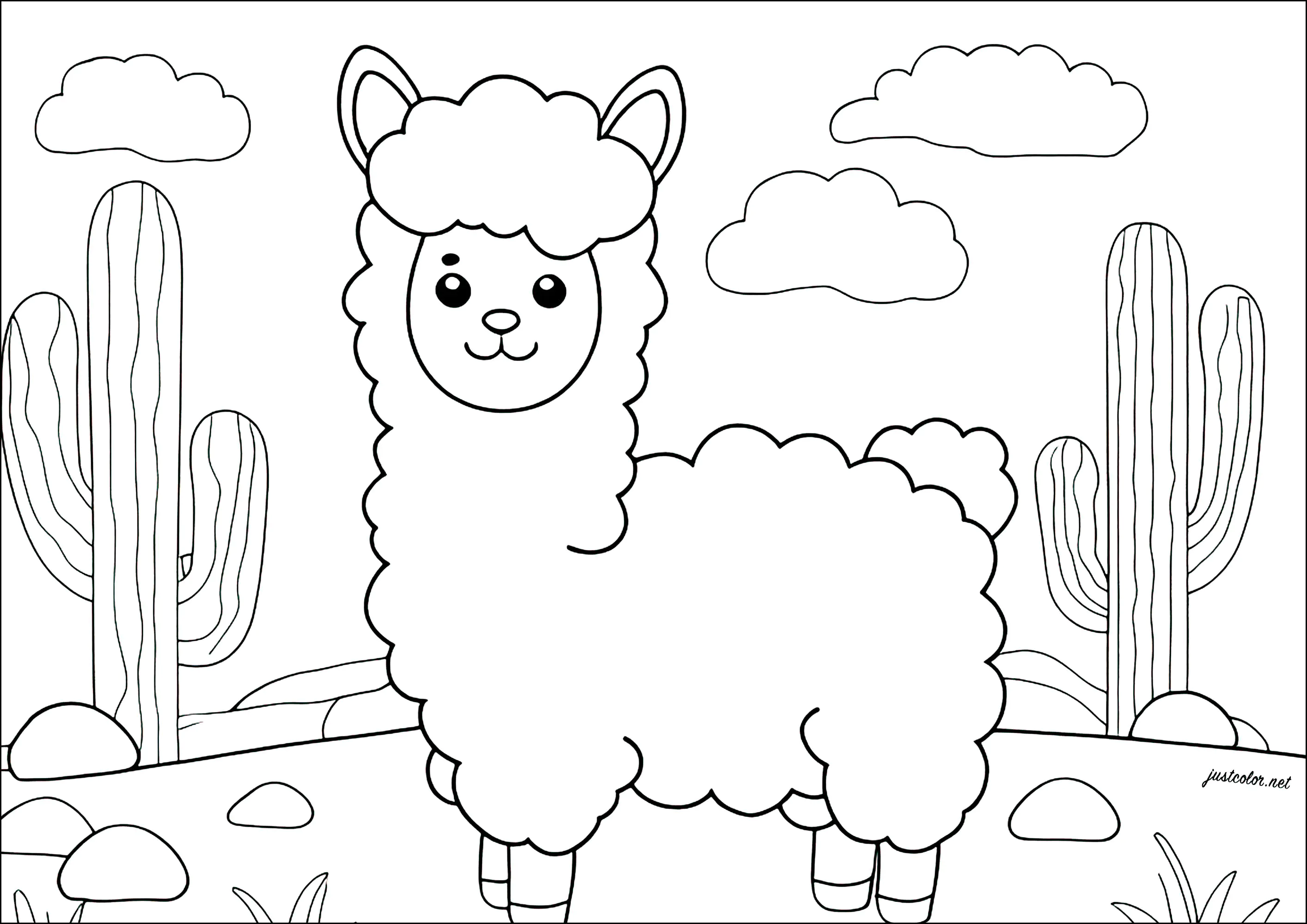 Lama en el desierto (Página de Llamas para imprimir para niños)