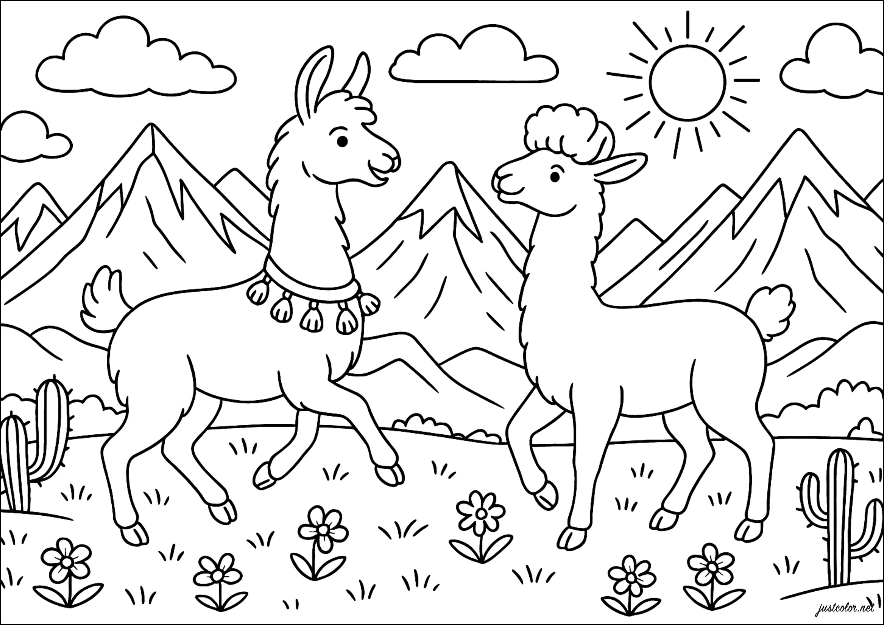 Llamas felices en los Andes (Página para imprimir para niños)