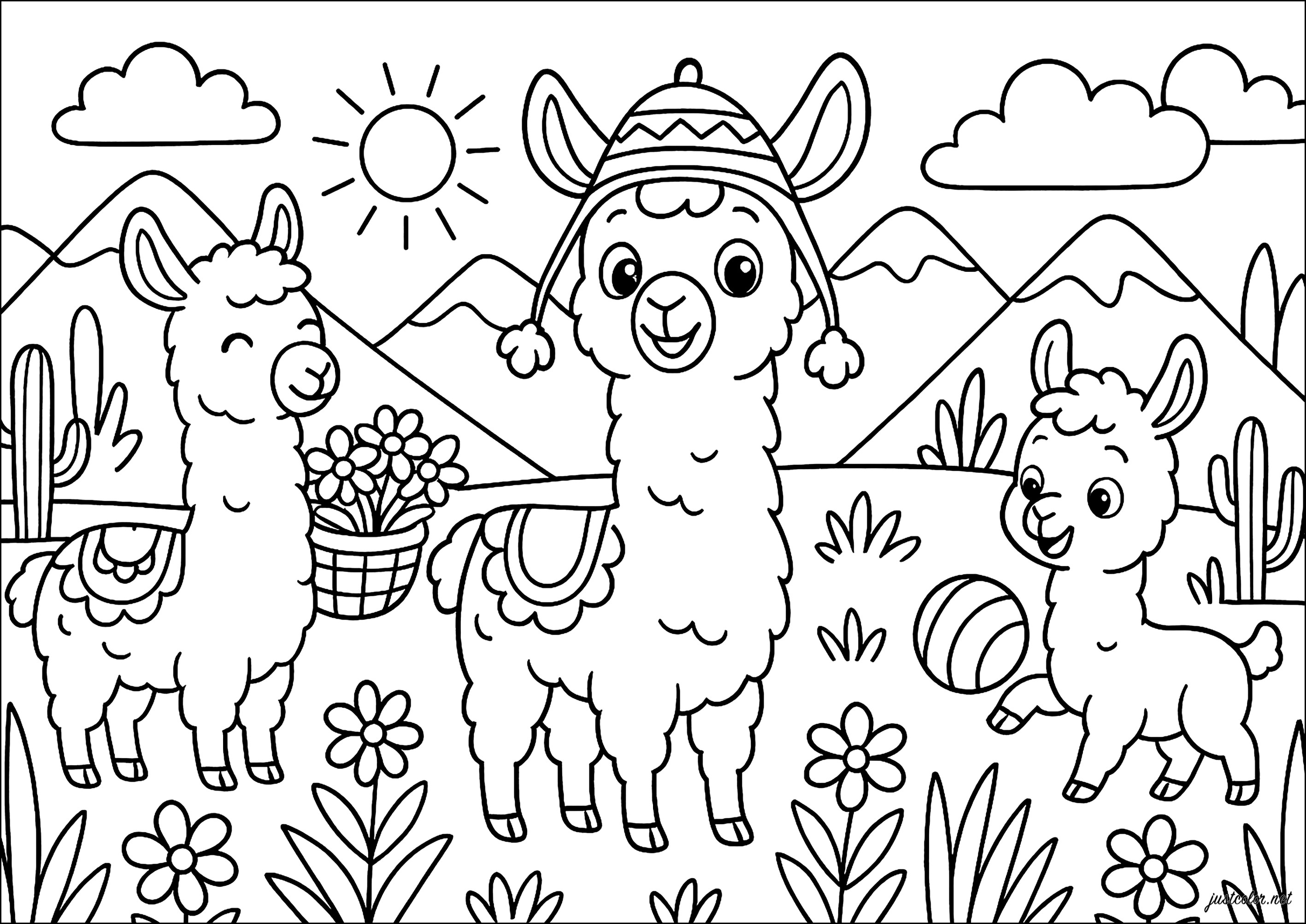 Los Llamas alegres al aire libre (Página para imprimir para niños)