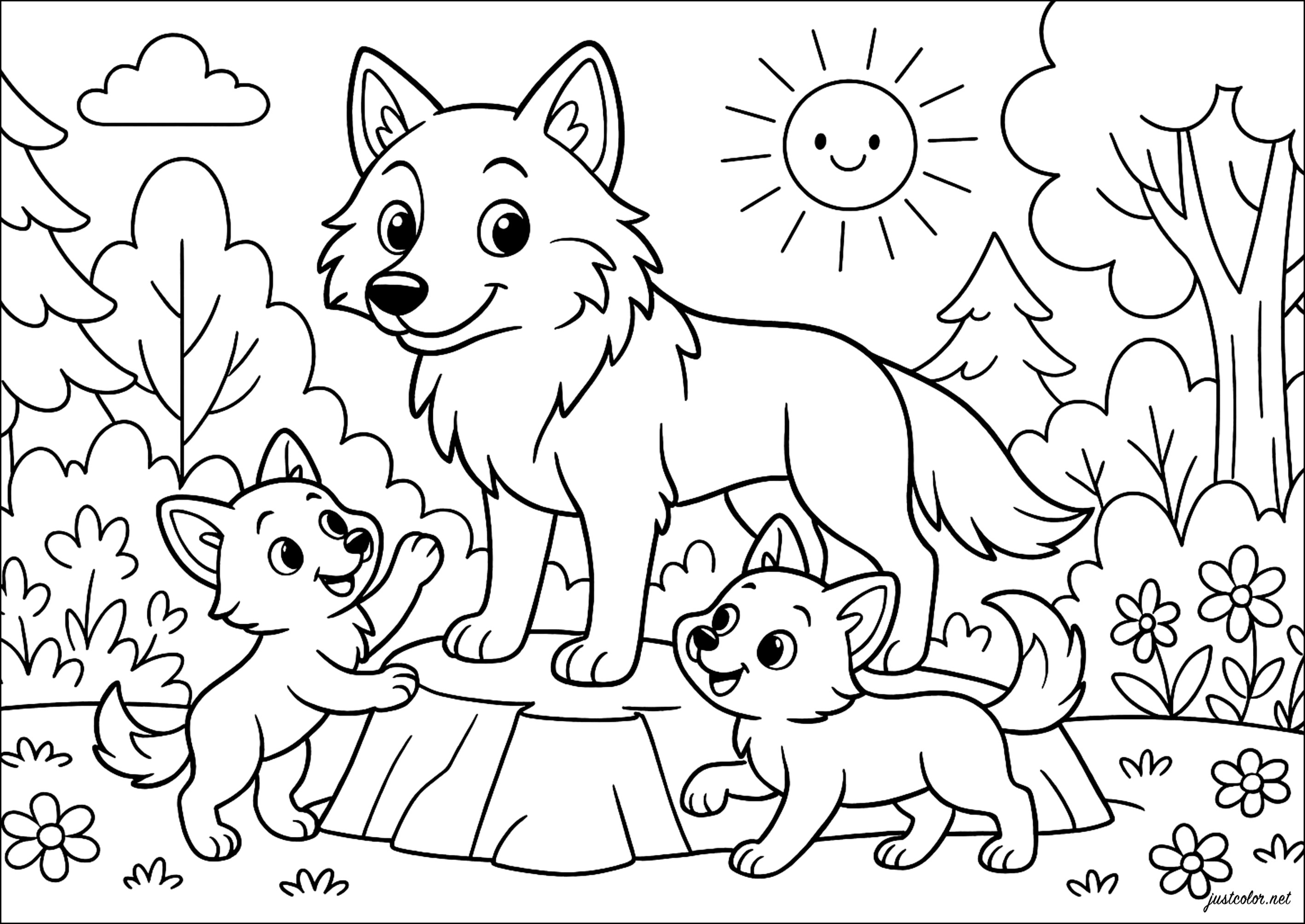 Lobo y sus cachorros (Página para imprimir para niños)