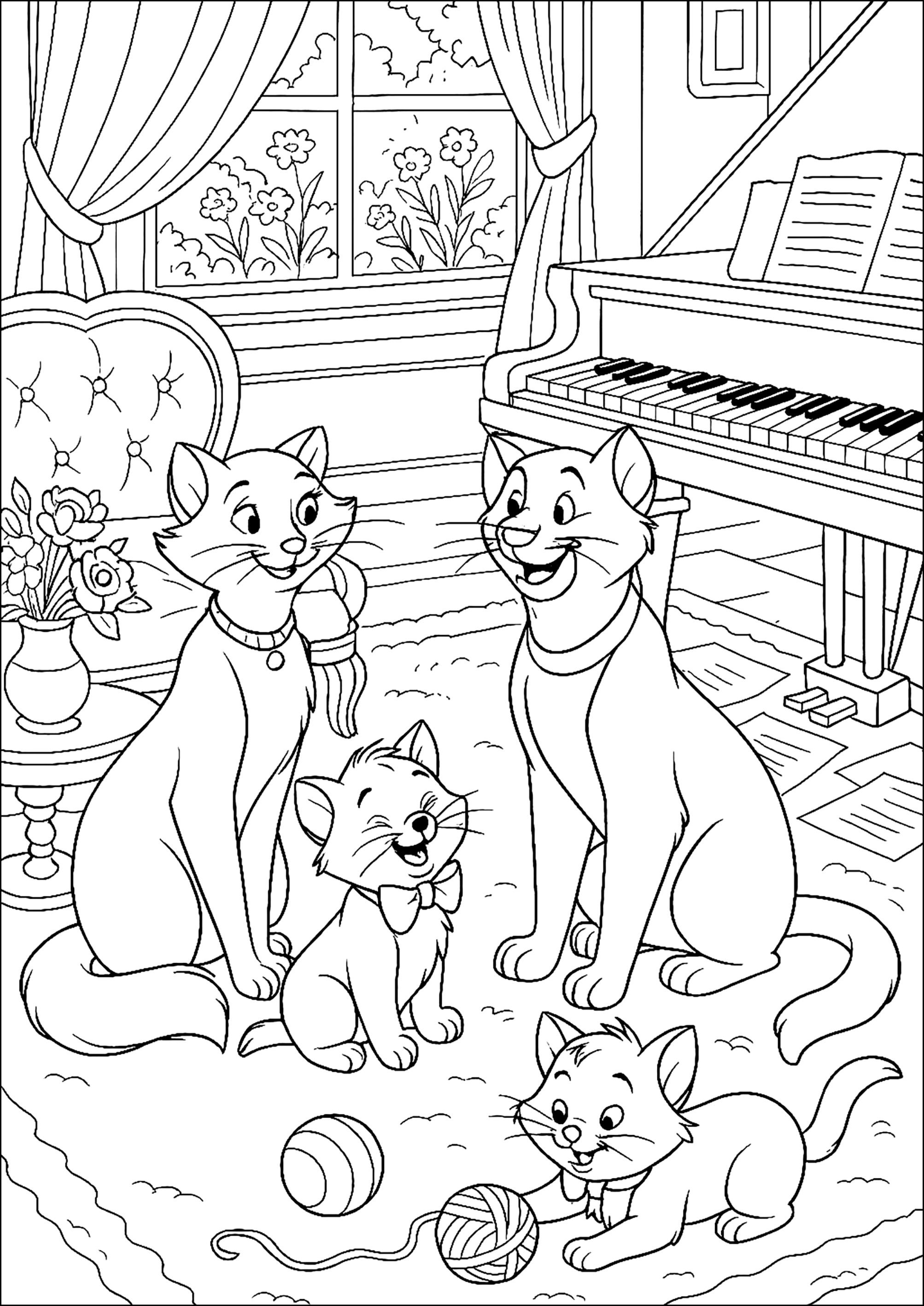 Serenata felina en la sala (Página de Los Aristogatos para imprimir para niños)