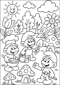 Día alegre en el bosque (Página de Los Pitufos  para imprimir)