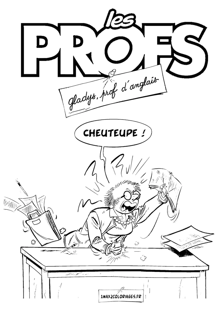 Portada de un cómic de Los profes, con Gladys la profesora de inglés (Página para imprimir para niños)