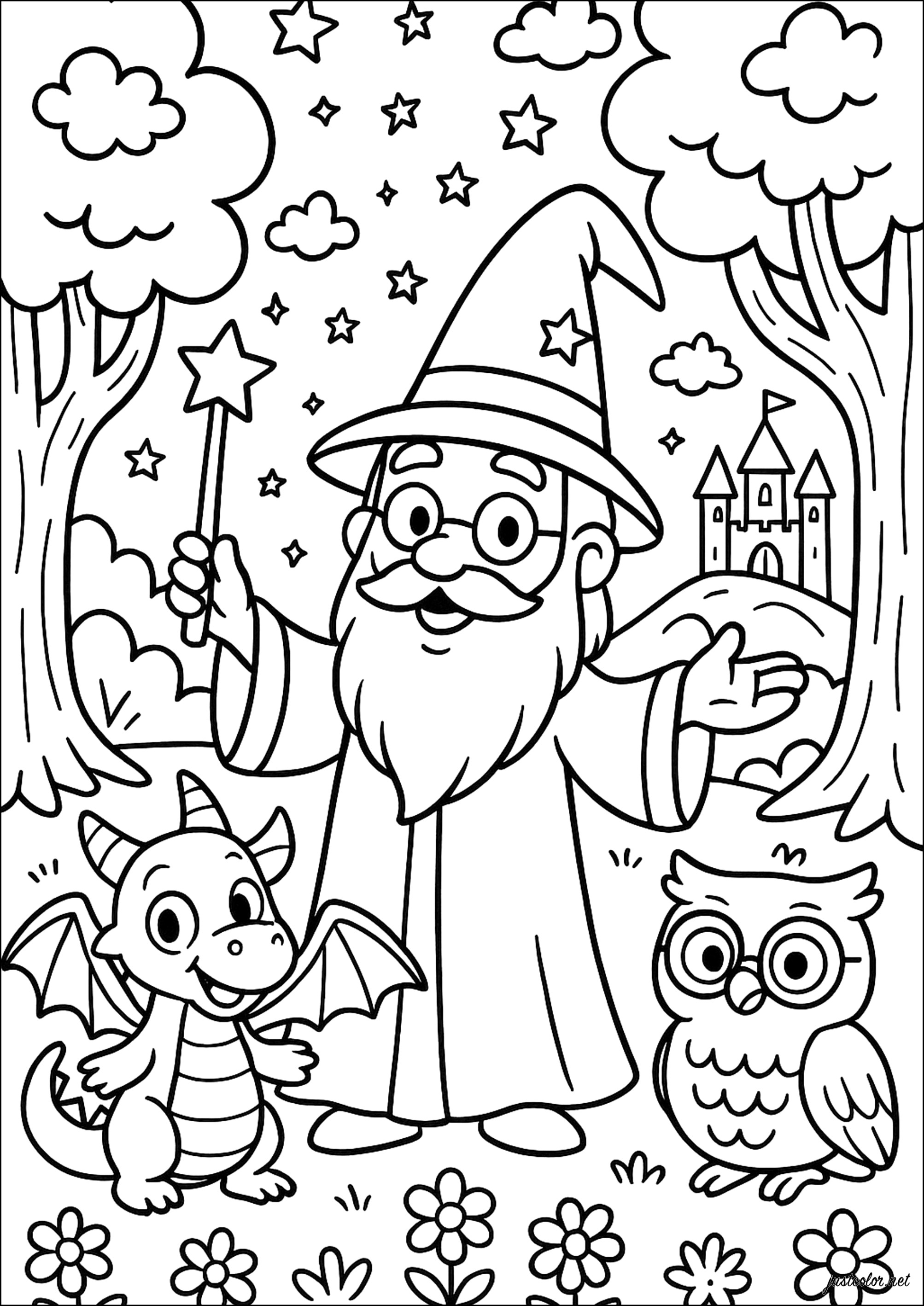 Hechicero y el Bosque Encantado (Página de Magos para imprimir para niños)