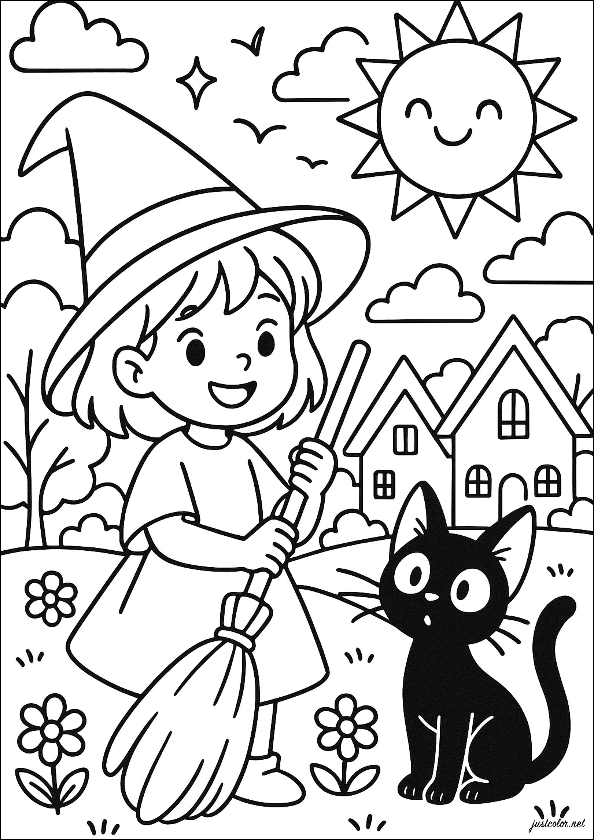 Pequeña bruja y su gato curioso - Páginas de Magos para imprimir, image size:2006x2834