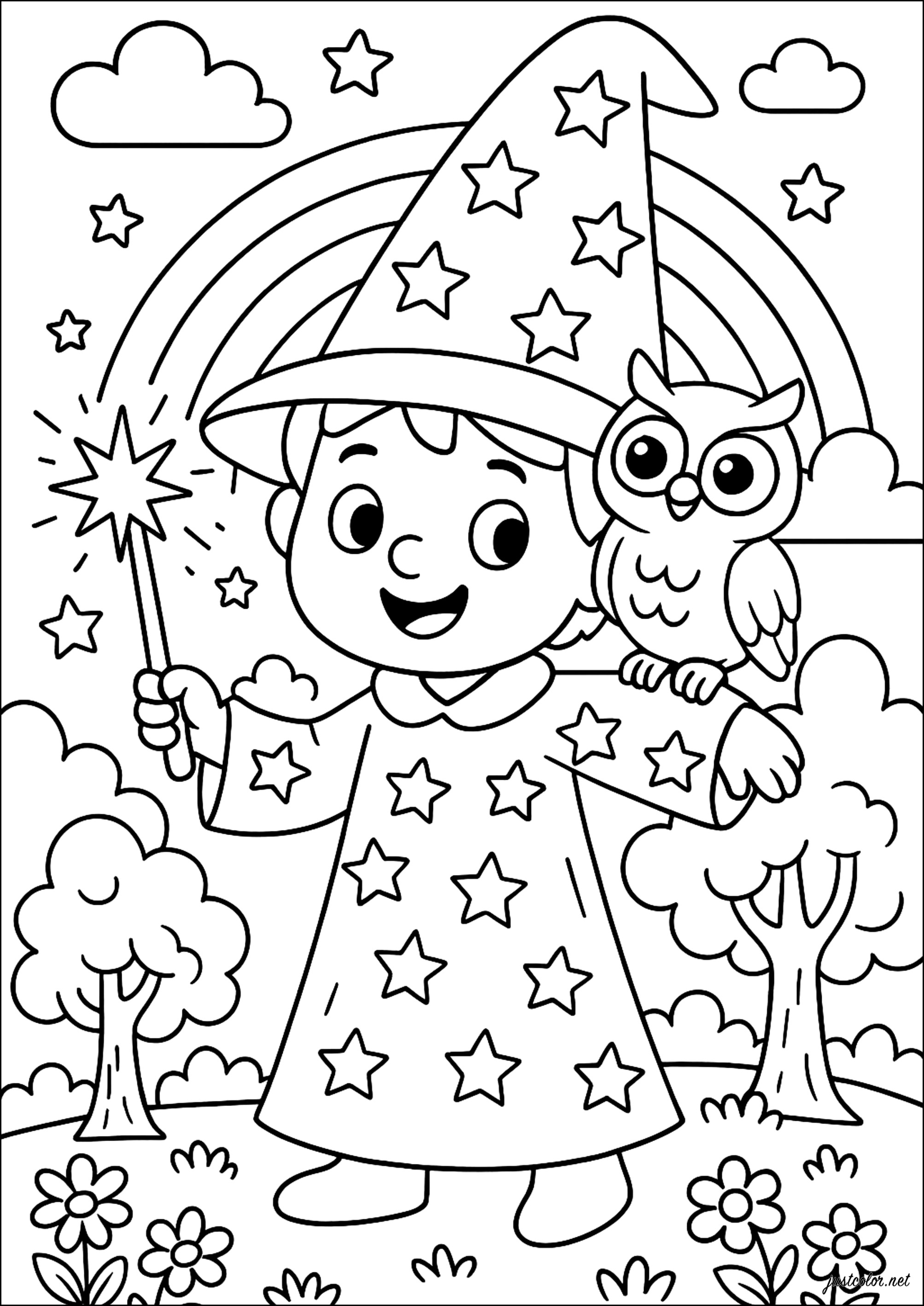 El Mago y su búho mágico (Página para imprimir para niños)