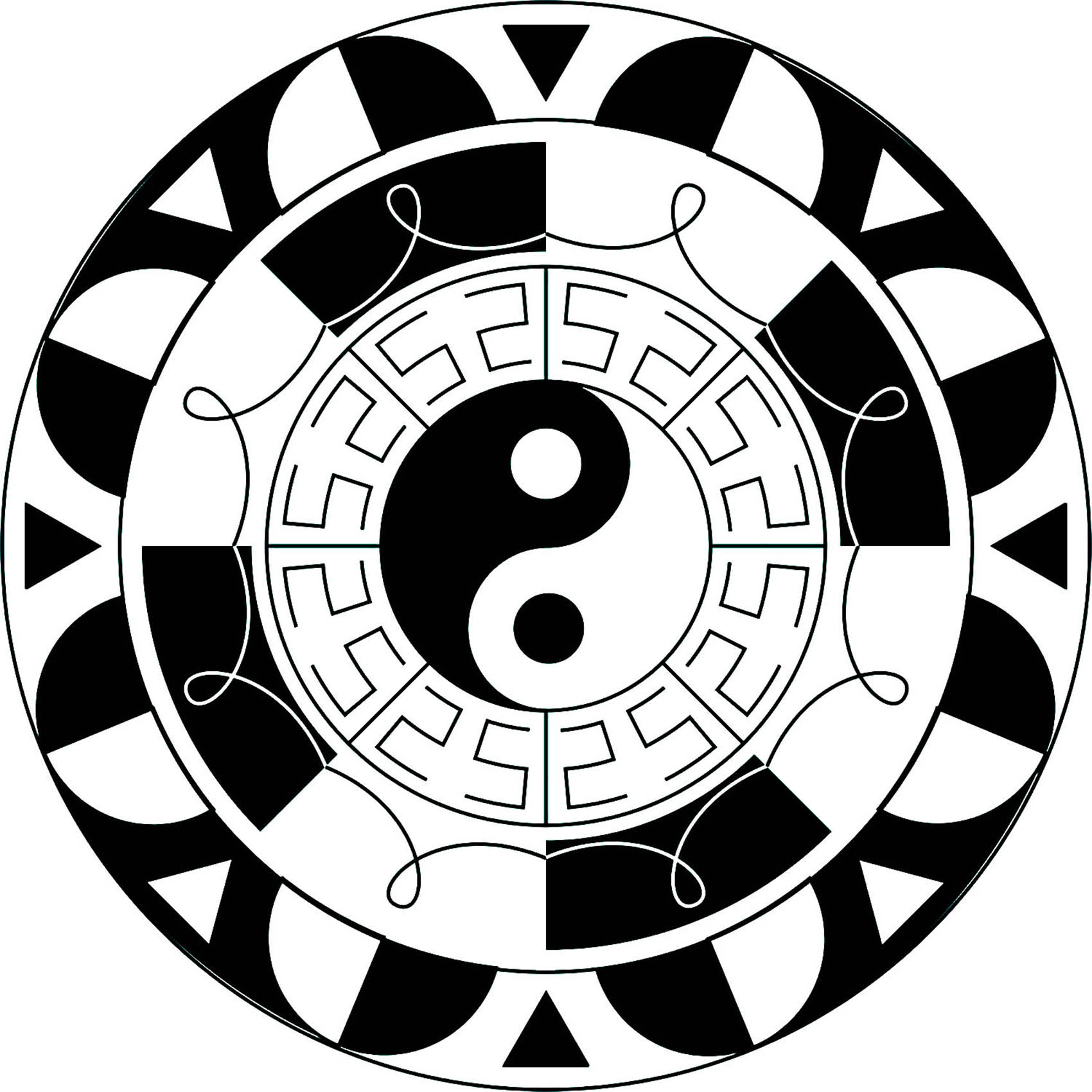 El famoso símbolo del Yin y el Yang integrado en un hermoso mandala en blanco y negro