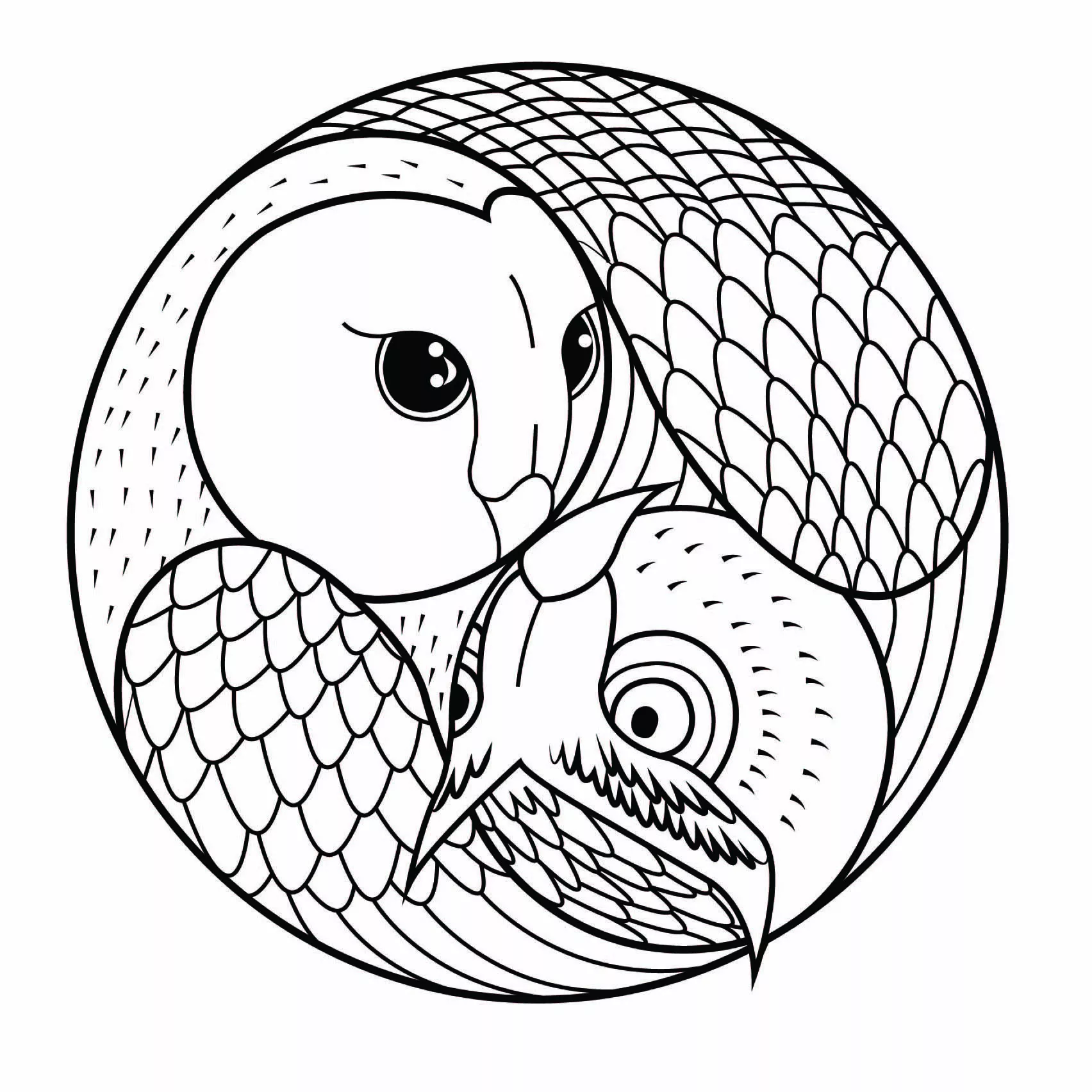 Búho y búho Yin (Página de Mandalas para imprimir para niños)