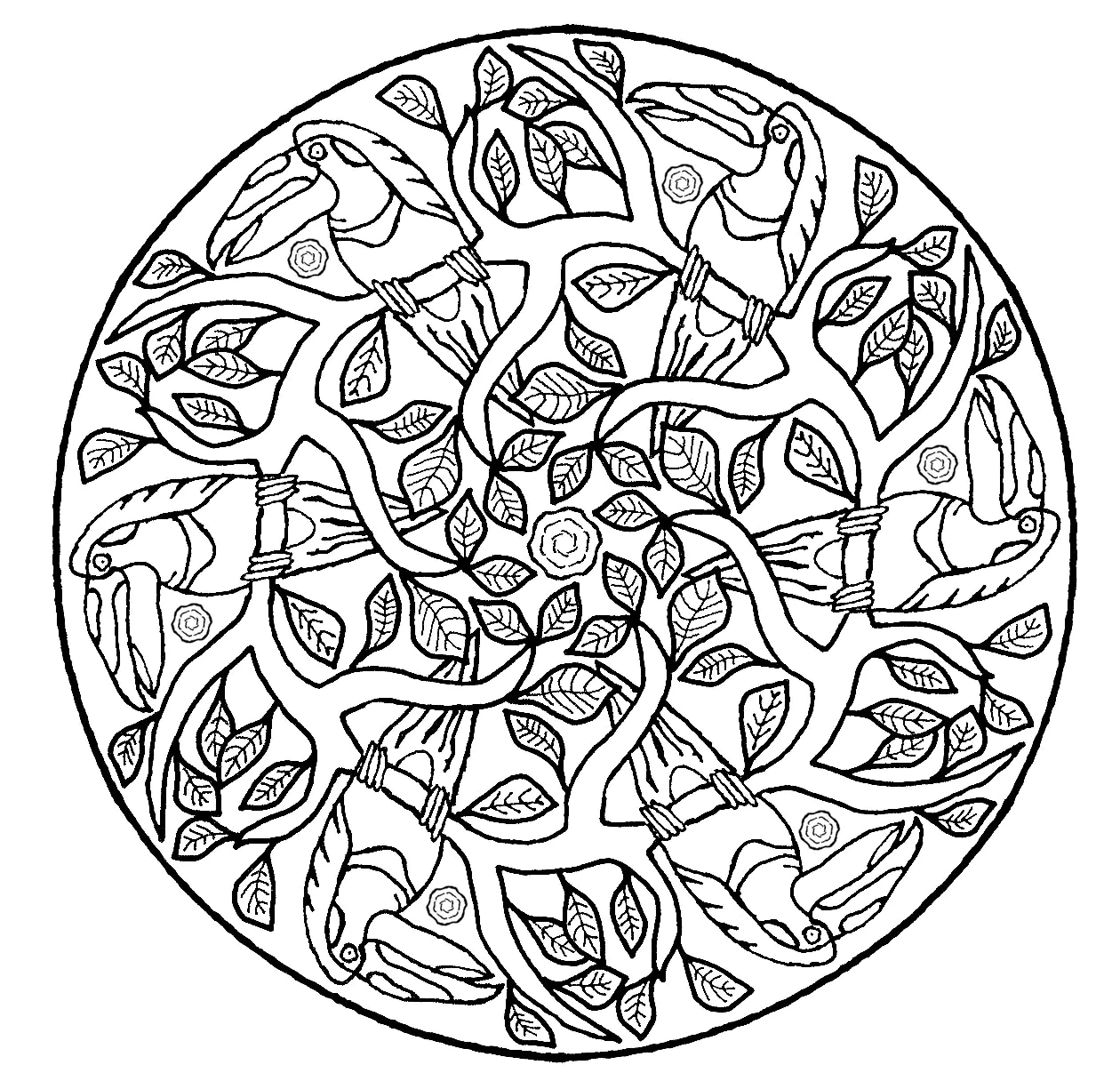 Loros y hojas (Página de Mandalas para imprimir para niños)