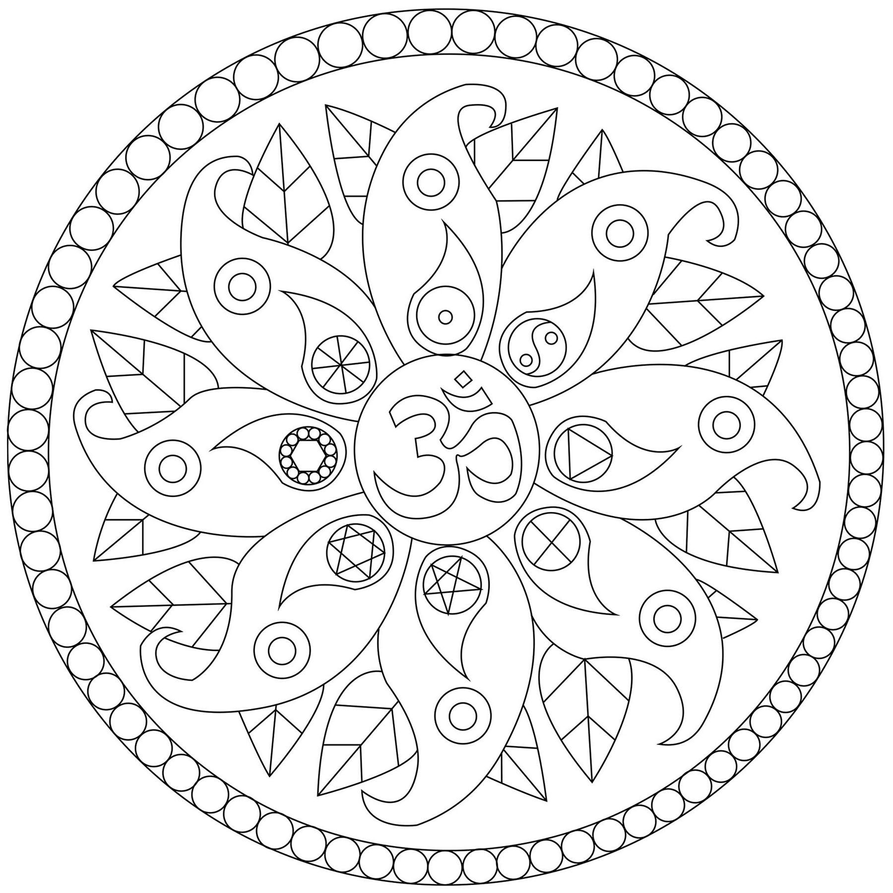 Un mandala con motivos vegetales y diversos símbolos como el Yin y el Yang, Artista : Caillou