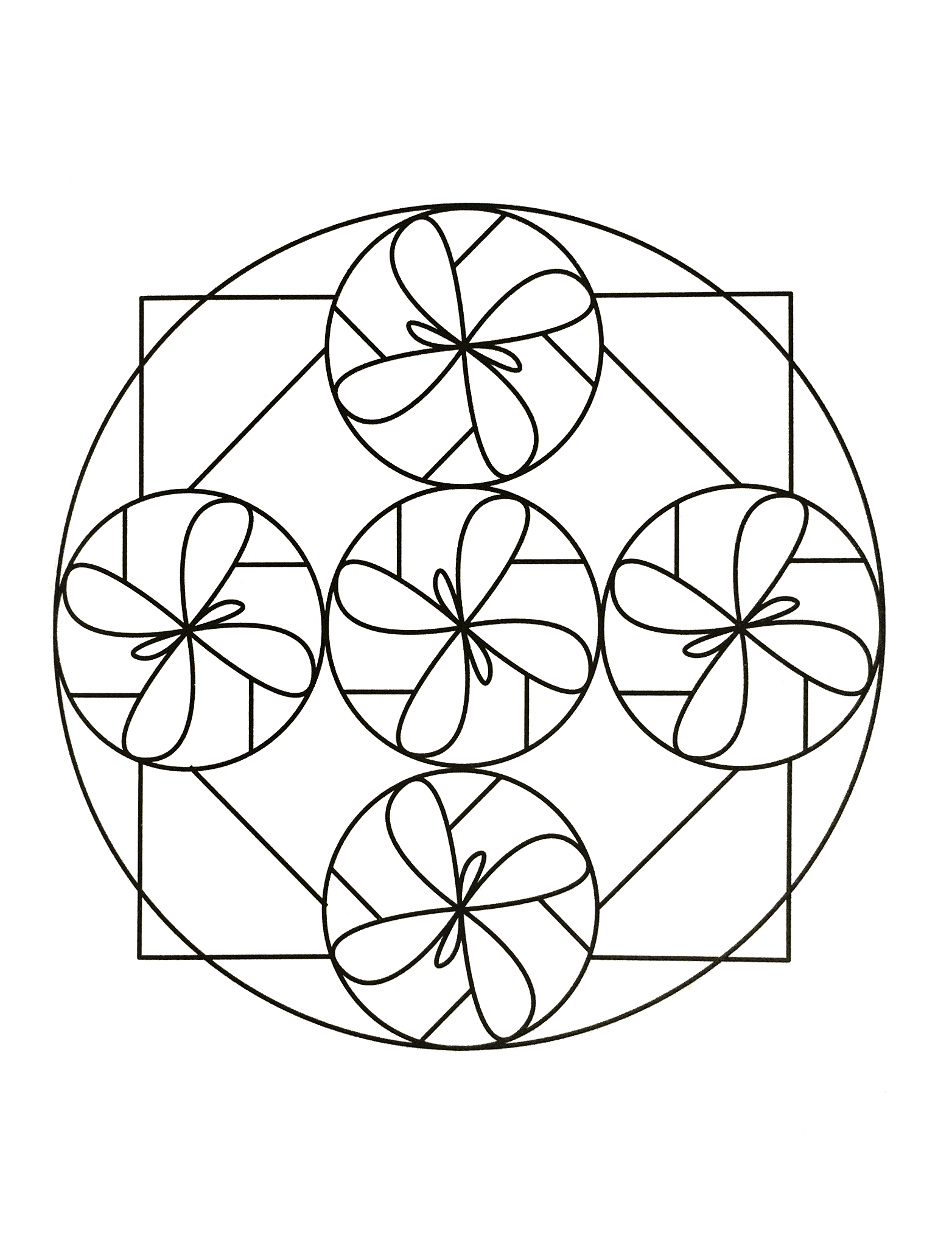 Mandala de cinco flores (Página para imprimir para niños)