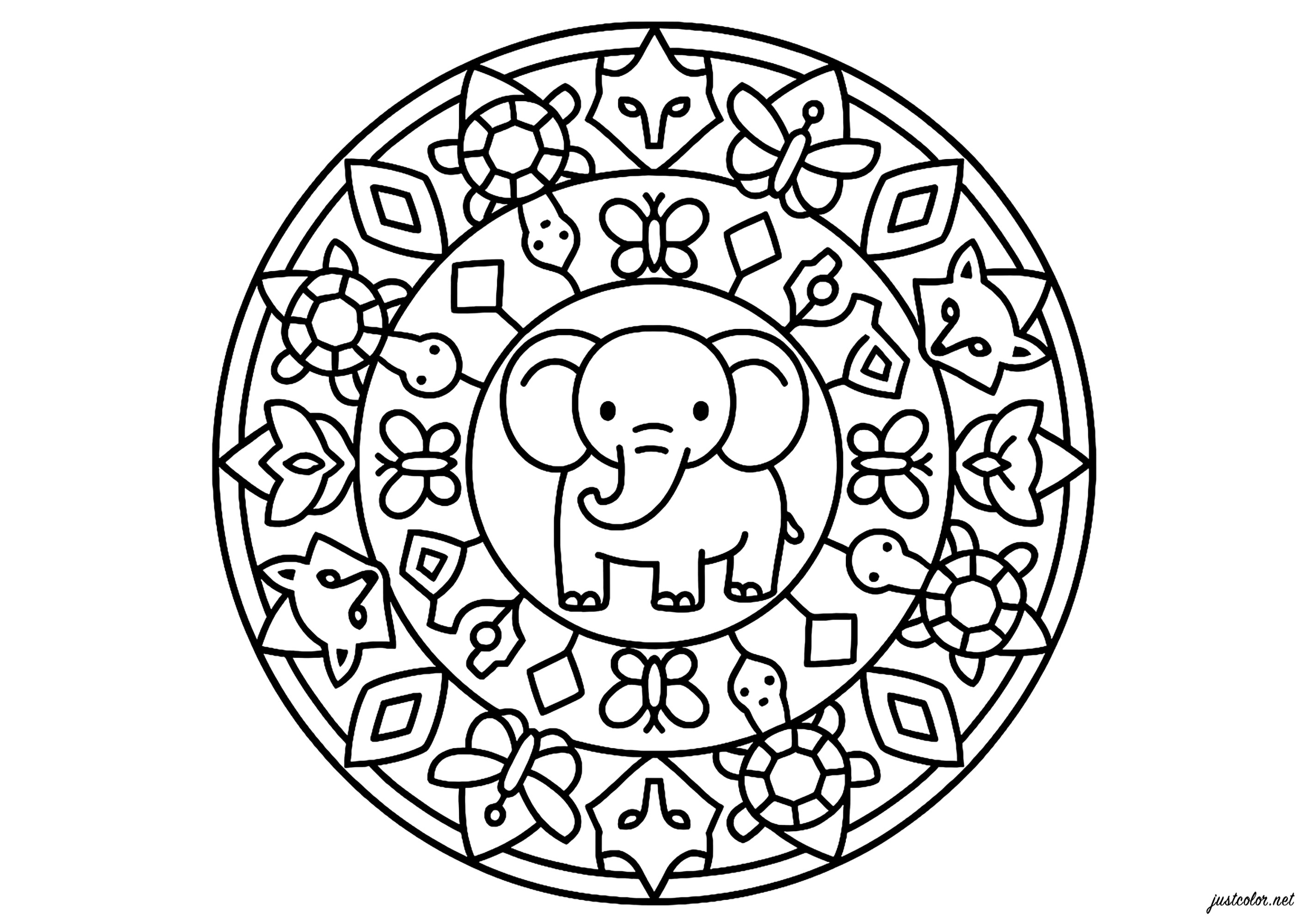 Mandal'Animales Simétrico (Página de Mandalas para imprimir para niños)
