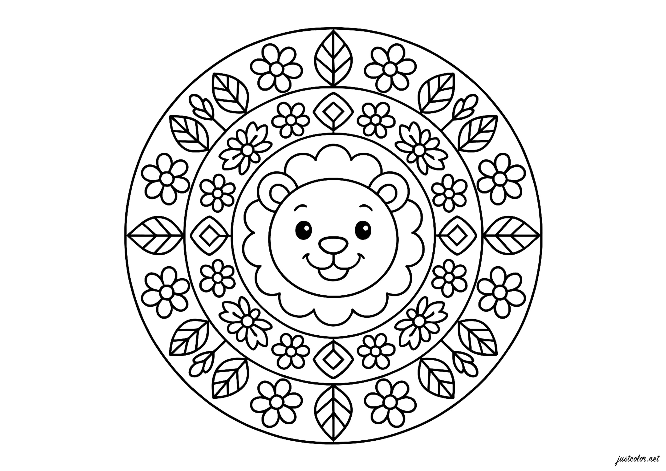 León majestuoso en el centro de un mandala (Página para imprimir para niños)