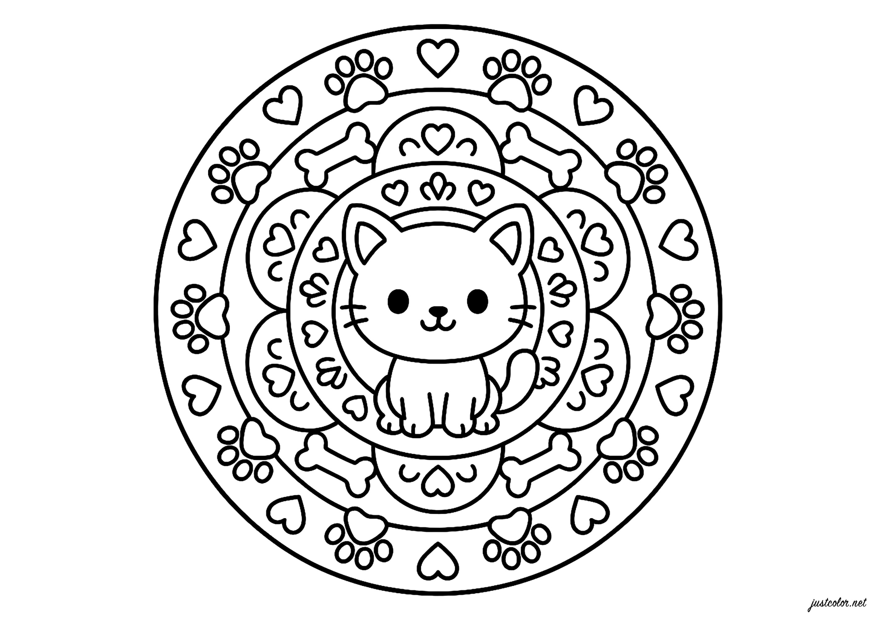 Gato y patrones alegres (Página de Mandalas para imprimir para niños)